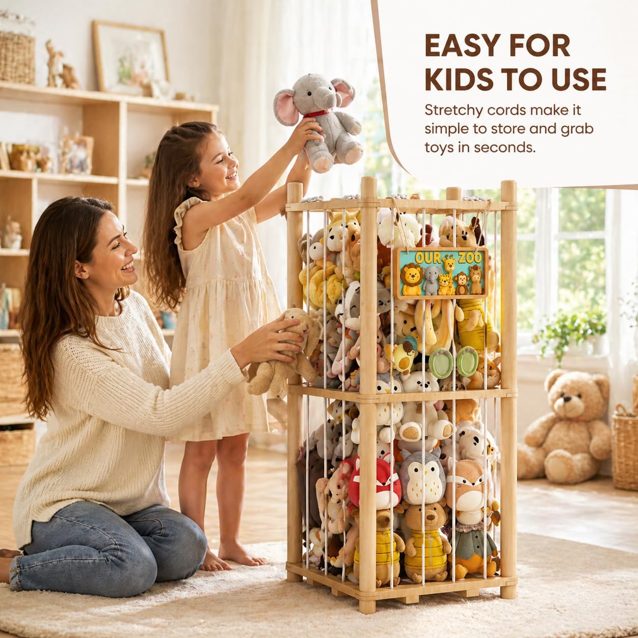 Stuffed Animal Storage Zoo Tower, Wooden Stuffed Animal Holder Organizer for Kids Playroom and Nursery, Large Plush Toy Display Cage with Flexible Bungee Cords, Natural Pine Wood