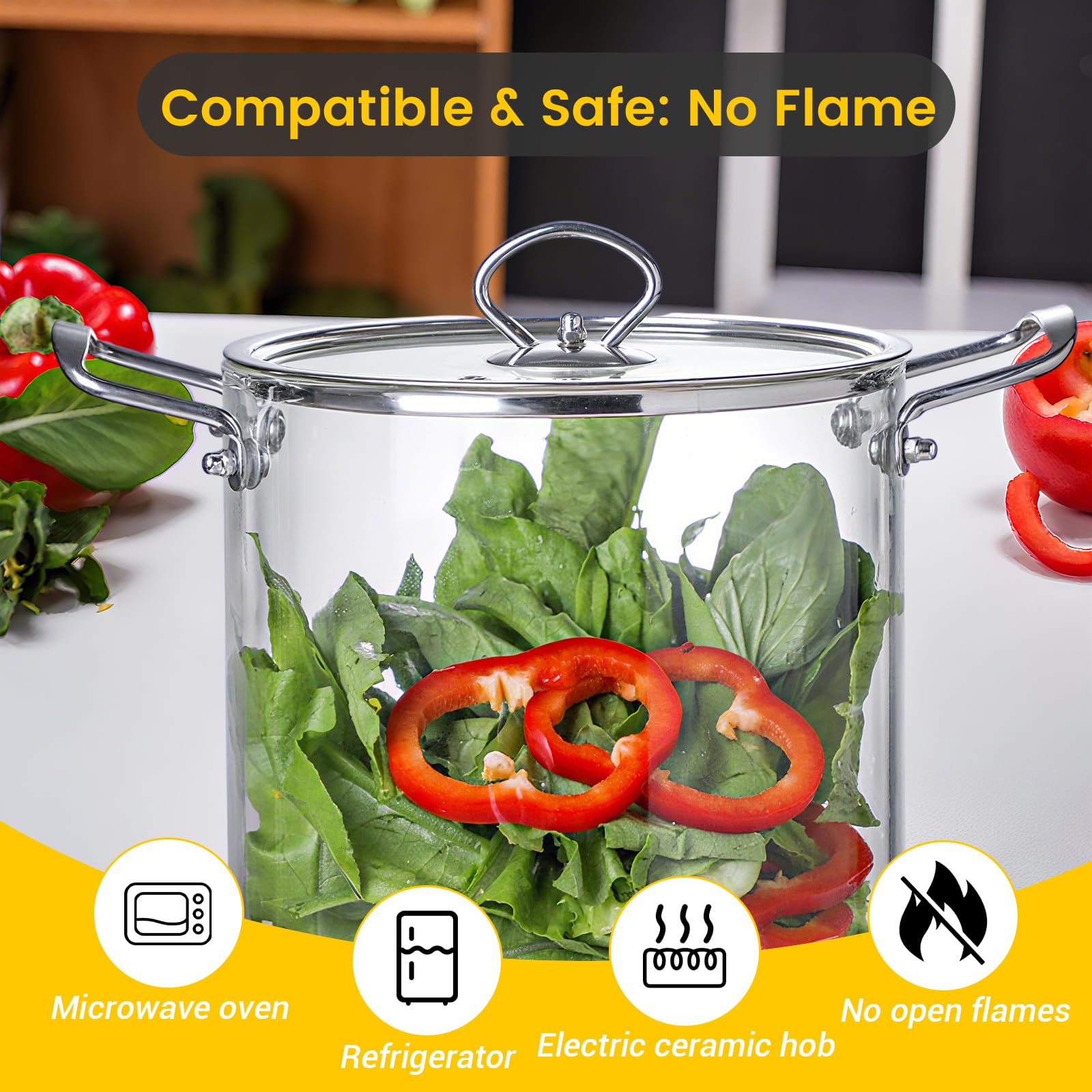 5.5L Olla de Cristal para Cocinar - Ollas de Vidrio Transparente con Tapa Resistente al Calor Utensilios de Cocina para a Fuego Lento con Asas de Acero Inoxidable para Pasta Fideos, Sopa, Leche