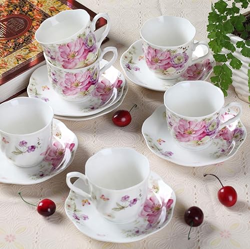 Miniatura 2 de GuangYang Juego de 6 tazas de té y platillos de porcelana de 7 onzas, diseño floral rosa, elegante juego de regalo para amantes del té, café,