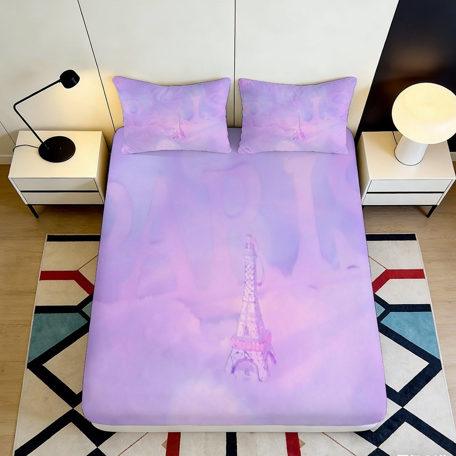 3D Printed Purple Eiffel Tower Fitted Sheet Microfiber Soft Breathable Paris Bed Cover for Bedroom Dormitory Guest Room Mattress Protection Decor 160x200x25cm