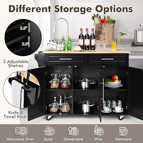 Miniatura 3 de COSTWAY Carrito móvil de isla de cocina, carrito de almacenamiento con toallero, 2 cajones profundos, armarios de 3 puertas, ruedas giratorias,