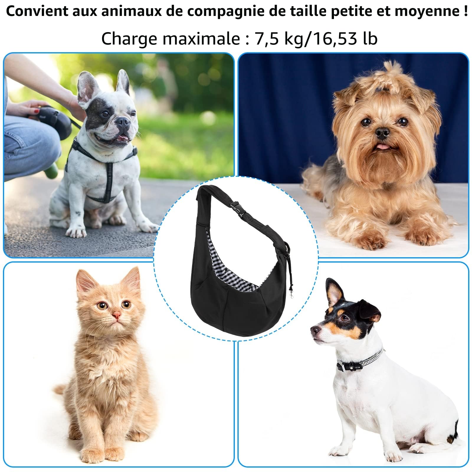Sac de Transport pour Chien et Chat Bandoulière Réglable Sac Transport Chien Sac à Bandoulière Mains Libres Sac Transport Petit Chien pour Petit Moyen Animaux Jusqu’à 7.5kg