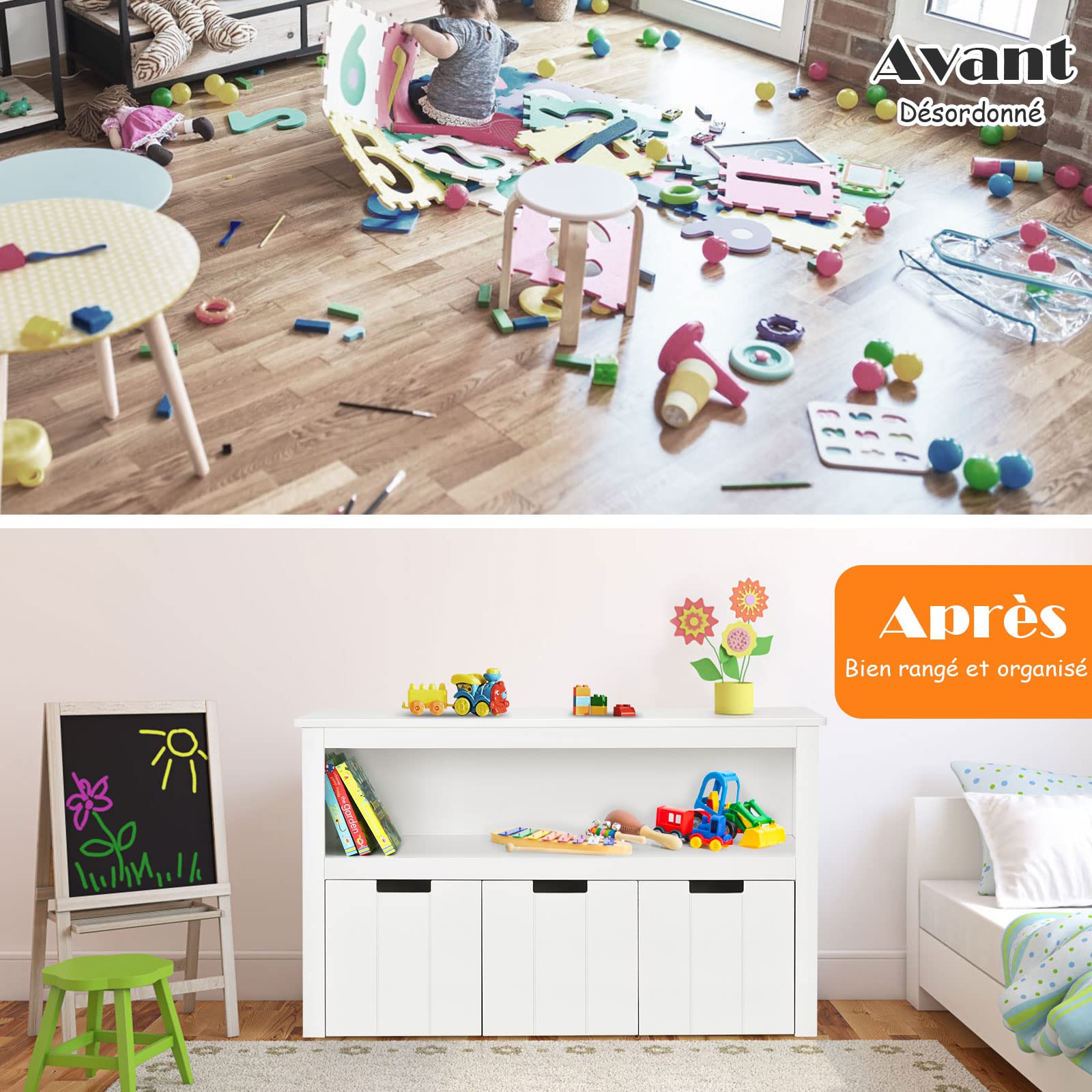GOPLUS Armario de Almacenamiento para Juguetes para Niños, Estantería de 3 Cajones, Gran Estantería para Cubos de Almacenamiento, Armario de Almacenamiento para Habitación de Niños, 102 x 33 x 62 cm