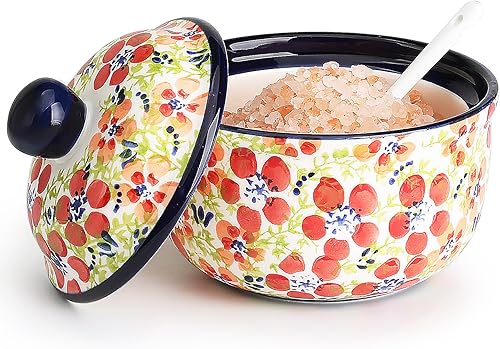 Miniatura 12 de Silesia Tazón de Azúcar Hecho a Mano con Tapa y Cuchara, Tarro de Azúcar de Cerámica Pintado a Mano de 10 Onzas para Cocina en Caja de Regalo, Rosa