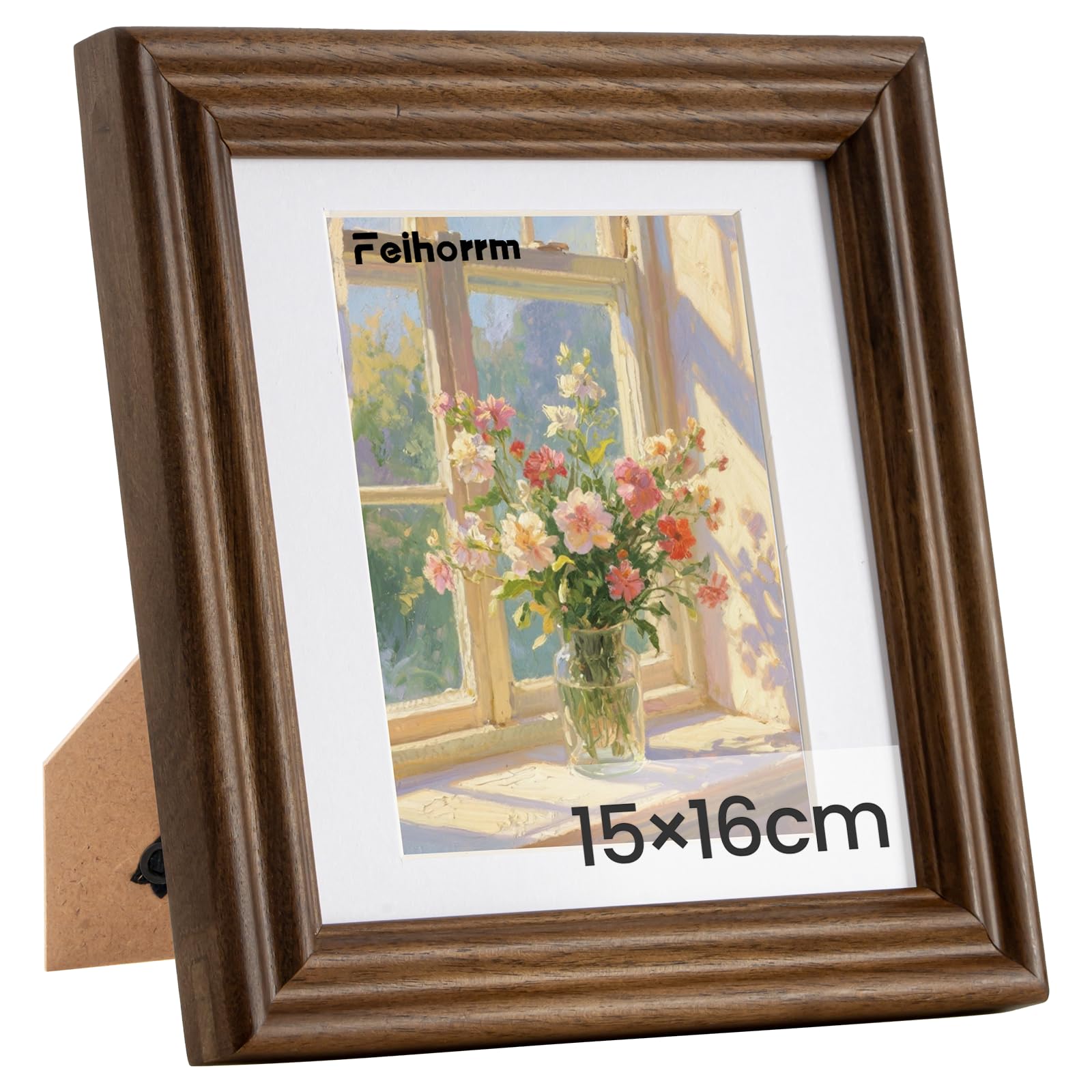 Feihorrm Vintage Bilderrahmen, Walnuss Massivholz Fotorahmen, Mit gehärtetem Glas, Für 15x16 cm-Fotos ohne Passepartout oder 9x12 cm-Fotos mit Passepartout (Dunkel Braun, 15x16 cm)
