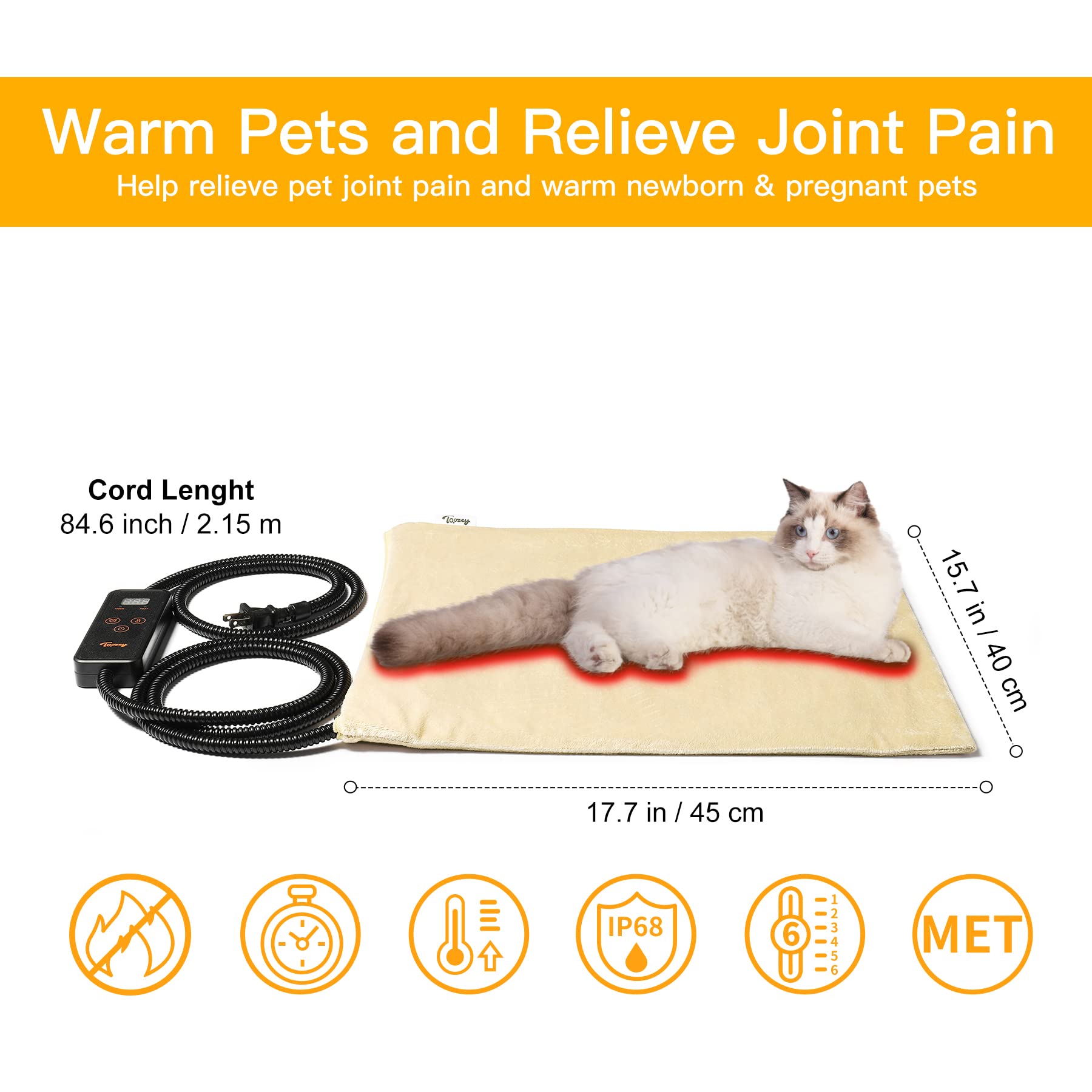 Toozey Pet Heating Pad, 6 Adjustable Temperature Dog Cat Heating Pad with Timer, Indoor Pet Heating Pads for Cats Dogs with Chew Resistant Cord, Electric Pads for Dogs Cats, Pet Heated Mat