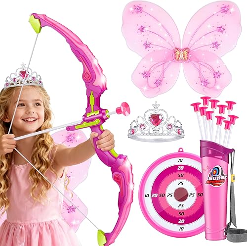Juego de arco y flecha rosa para niñas, juego de tiro con arco con luz LED con 10 flechas de ventosa, objetivo, alas de hadas y corona de princesa,