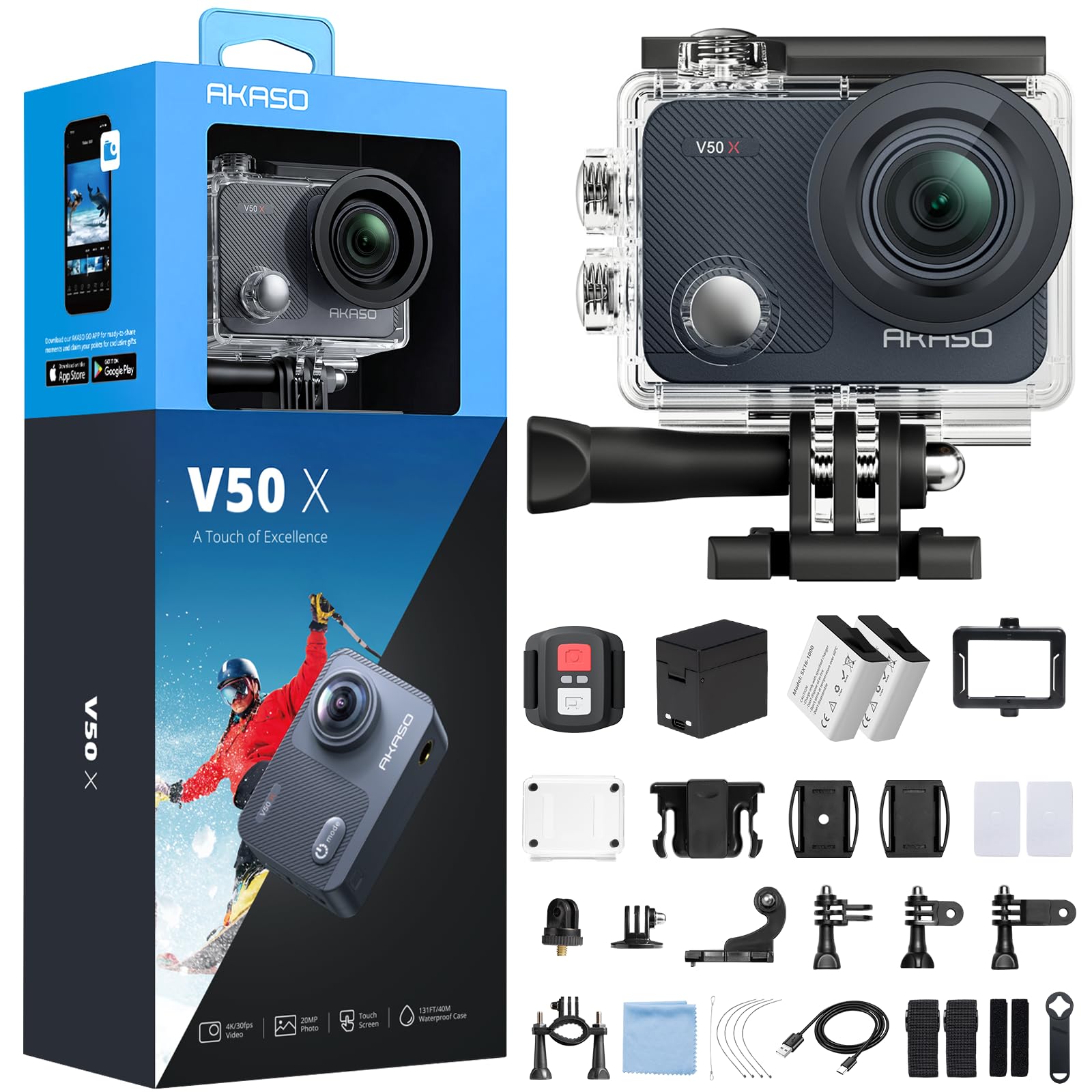 AKASO Action Cam 4K30FPS Underwater Camera WiFi 40M Ice Anti-Shake Action Camera 4X Zoom with Touch Screen, Remote Control, Sports Camera Waterproof Housing, Helmet Accessory Kit V50X