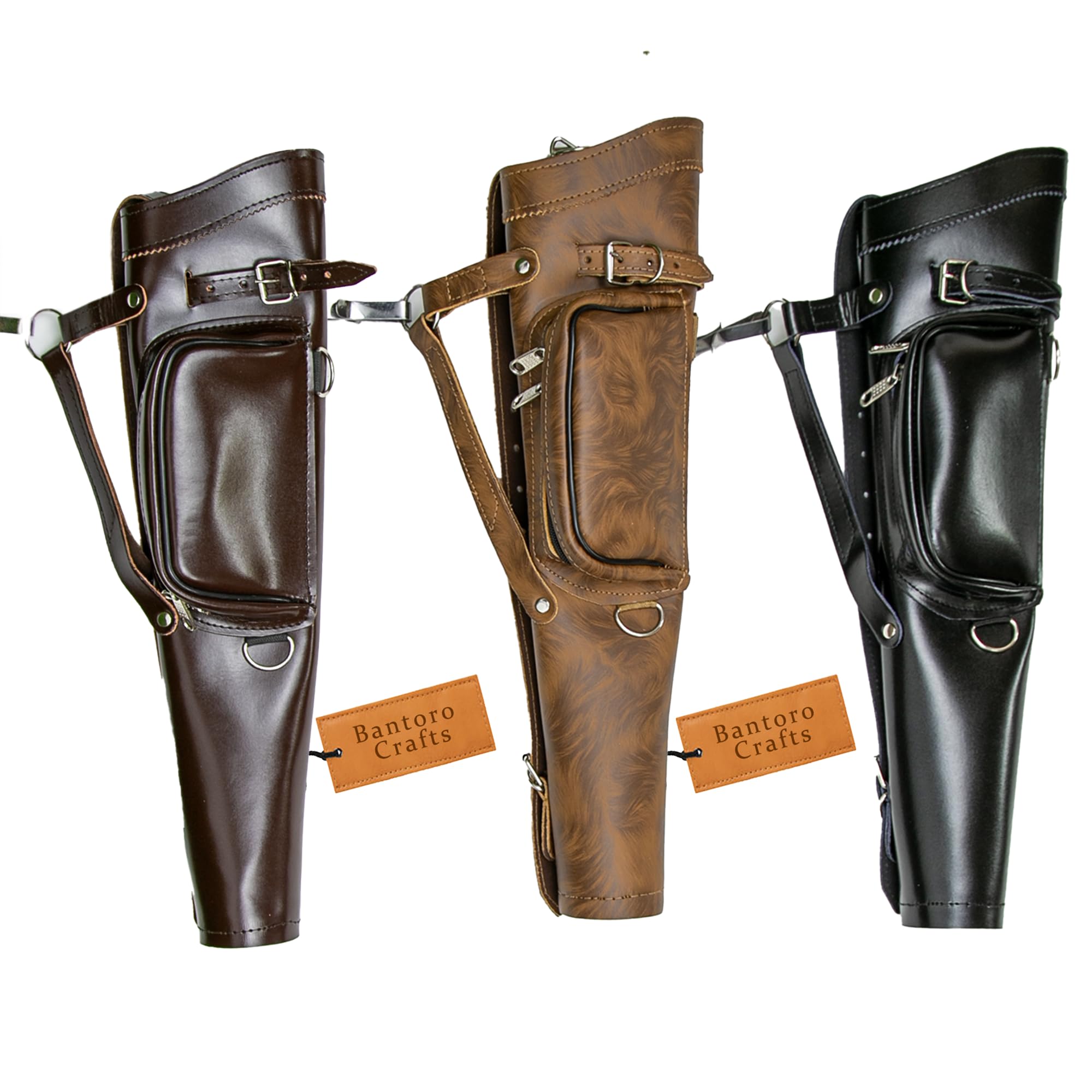 Bantoro Crafts 20 Inch Leather Archery Quiver – Handmade Cowhide Arrow Holder with Adjustable Strap, Zipper Pocket, Hooks & D-Loops for Hunting and Target Shooting (Brown)
