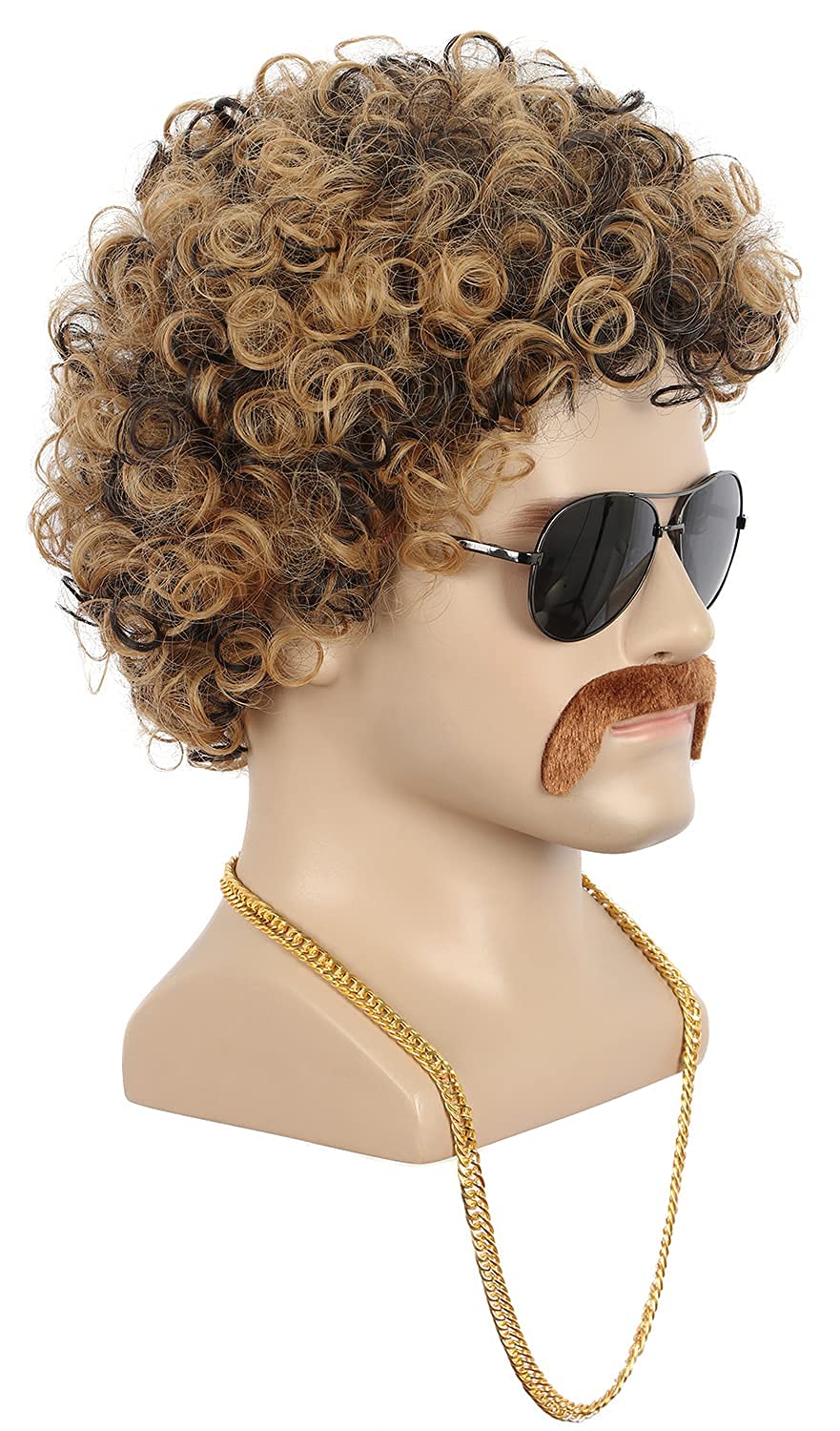 Yuehong Men Short Curly Brown Wig 70s 80s Afro Disco Hair with Mustache Necklace Set Heat Resistant Synthetic Fibers Party Fashion Wig - Image 4