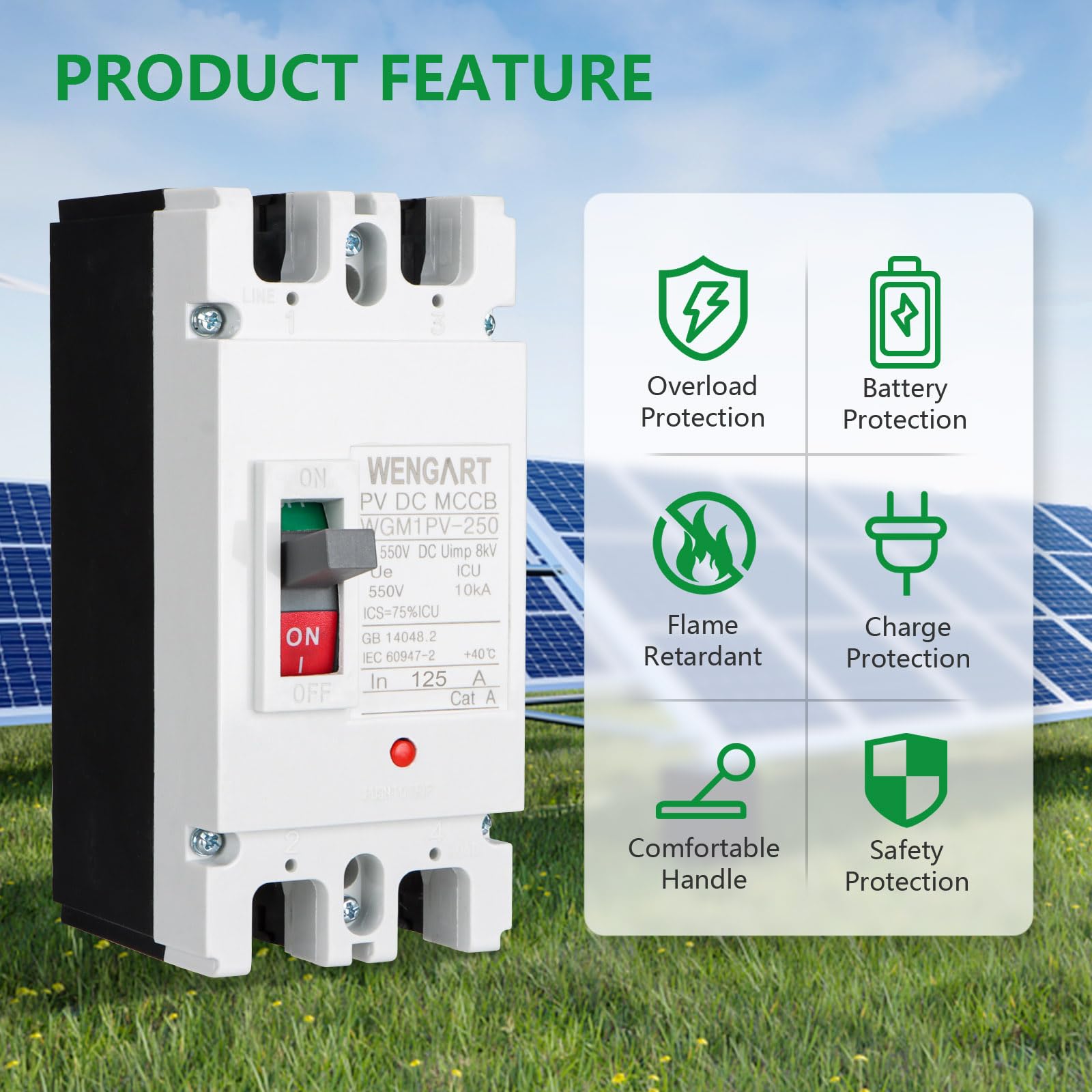 Wengart DC-Leistungsschalter 125A 550V 2P – WGM1PV-250 MCCB für Photovoltaik & Batteriespeicher – DC-Hauptschalter mit 25kA Trennvermögen – Sicherer Lasttrennschalter für Solarsysteme