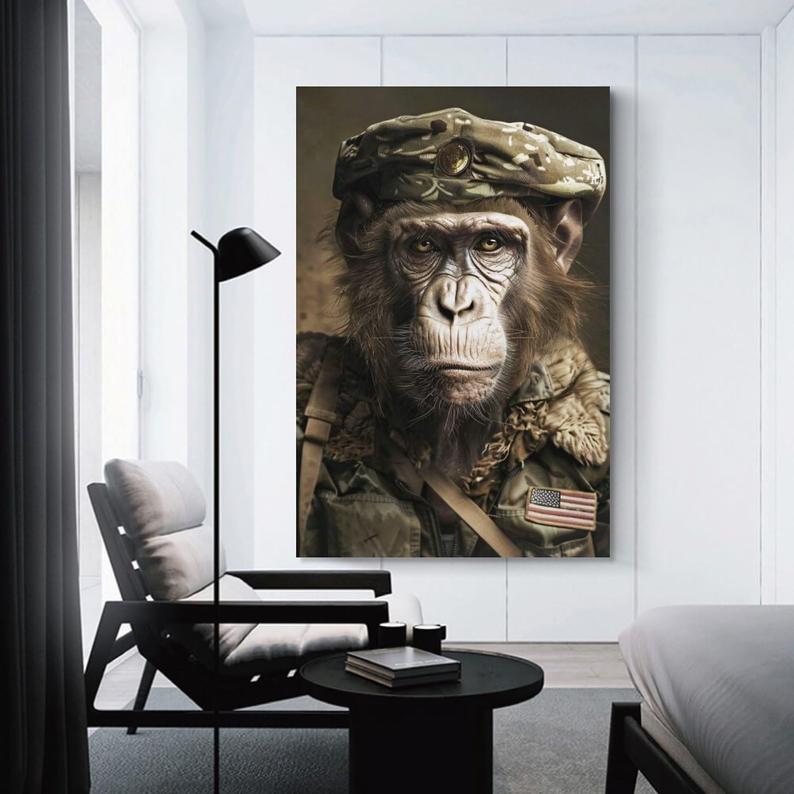 Junmoney Military Monkey Portrait Wall Decor Canvas Print 24x36inch(60x90cm), for Lounge, Study, Hallway Or Flat Walls, Decorative Artwork with Broad Appeal