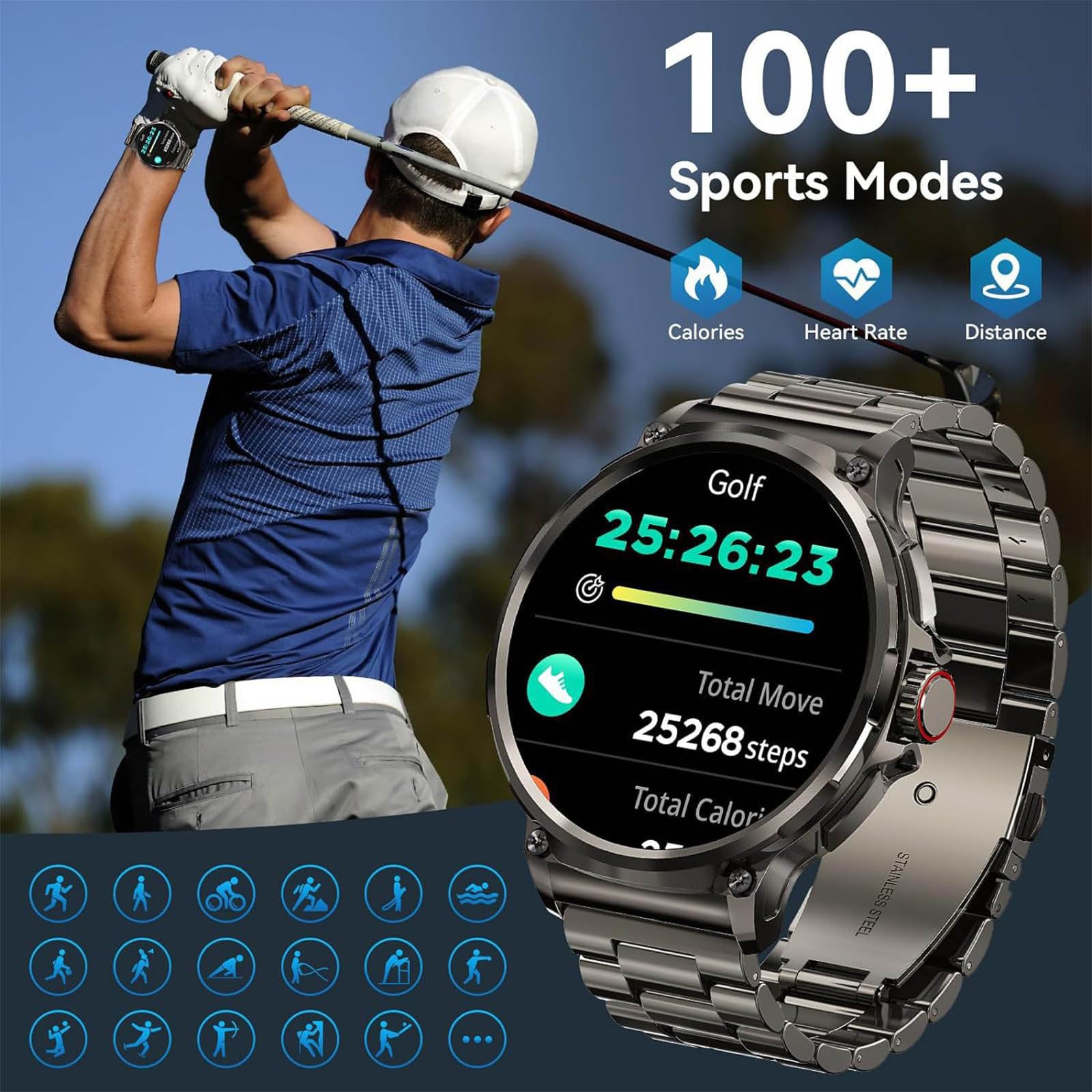 1,85" Okrągły Smartwatch HD Dla Mężczyzn (wykonywanie/odbieranie Połączeń), Bateria 710 MAh, Taktyczny Z Funkcją Śledzenia Kondycji Dla Systemu Android IOS, Wodoodporny Zegarek Cyfrowy IP68,B