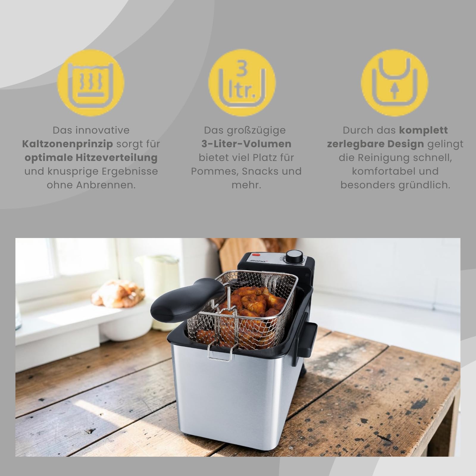 Steba DF 180 Edelstahl Fritteuse, Metallic | Profi-Heizsystem, 3 L