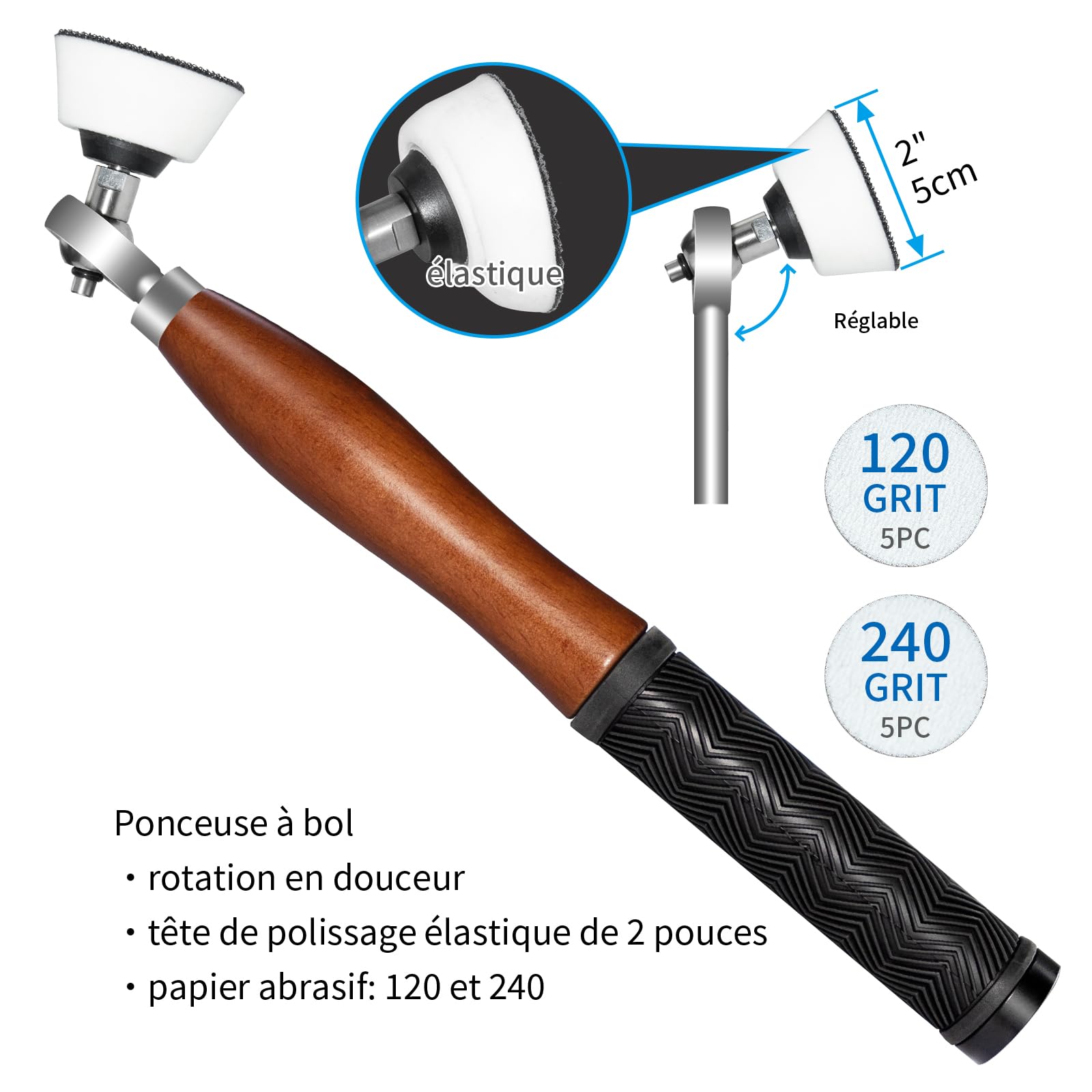 Kit d'outils de tournage de tour en bois en carbure de taille complète avec ponceuse à bol, outils de tour en carbure de 6 pièces de 46 cm avec boîte en bois poignée en hêtre avec caoutchouc