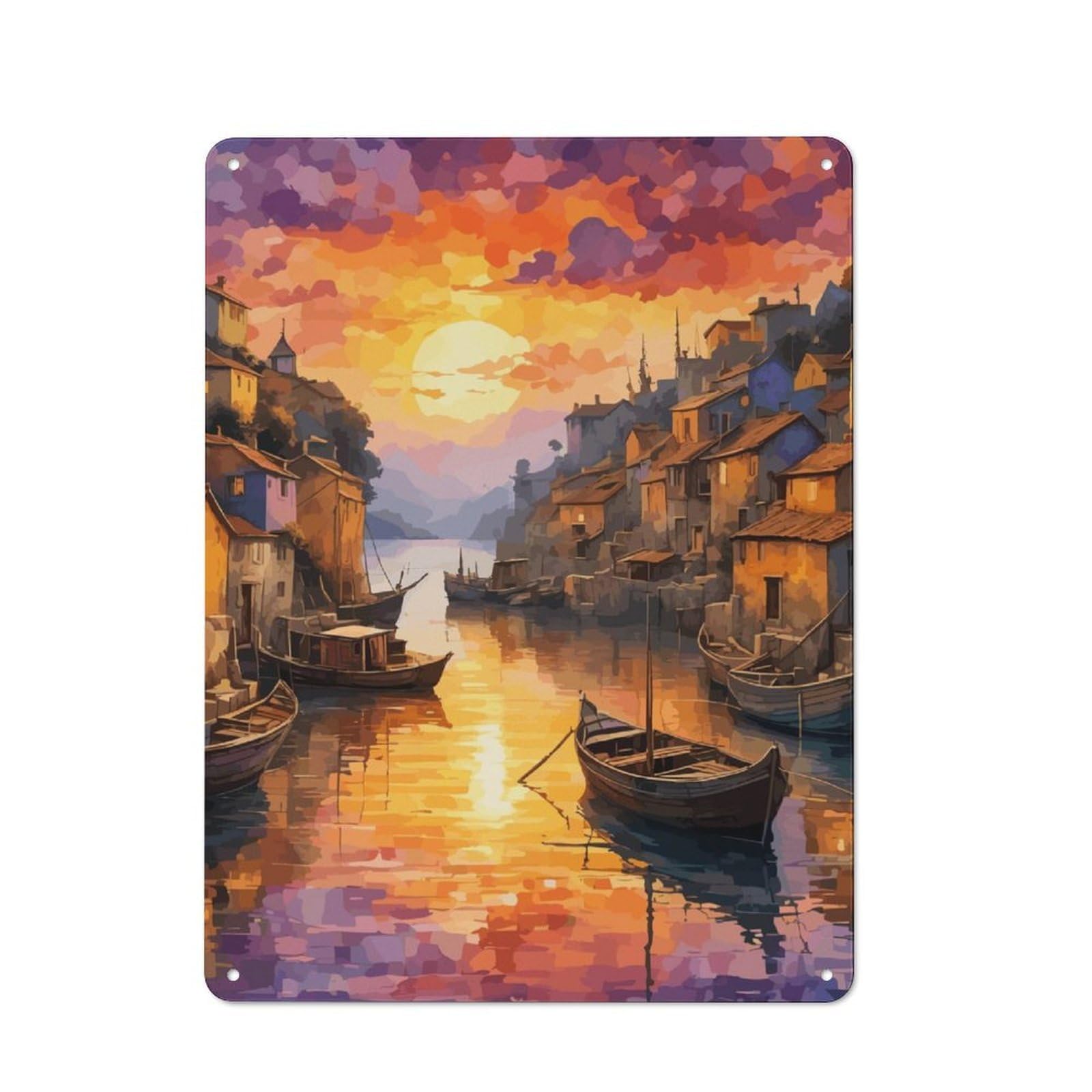 Junmoney A Tiny Fishing Town Rustic Tin Sign 40X30cm For Living Room Or Hallway, A Metal Wall Feature For Living Rooms And Hallways