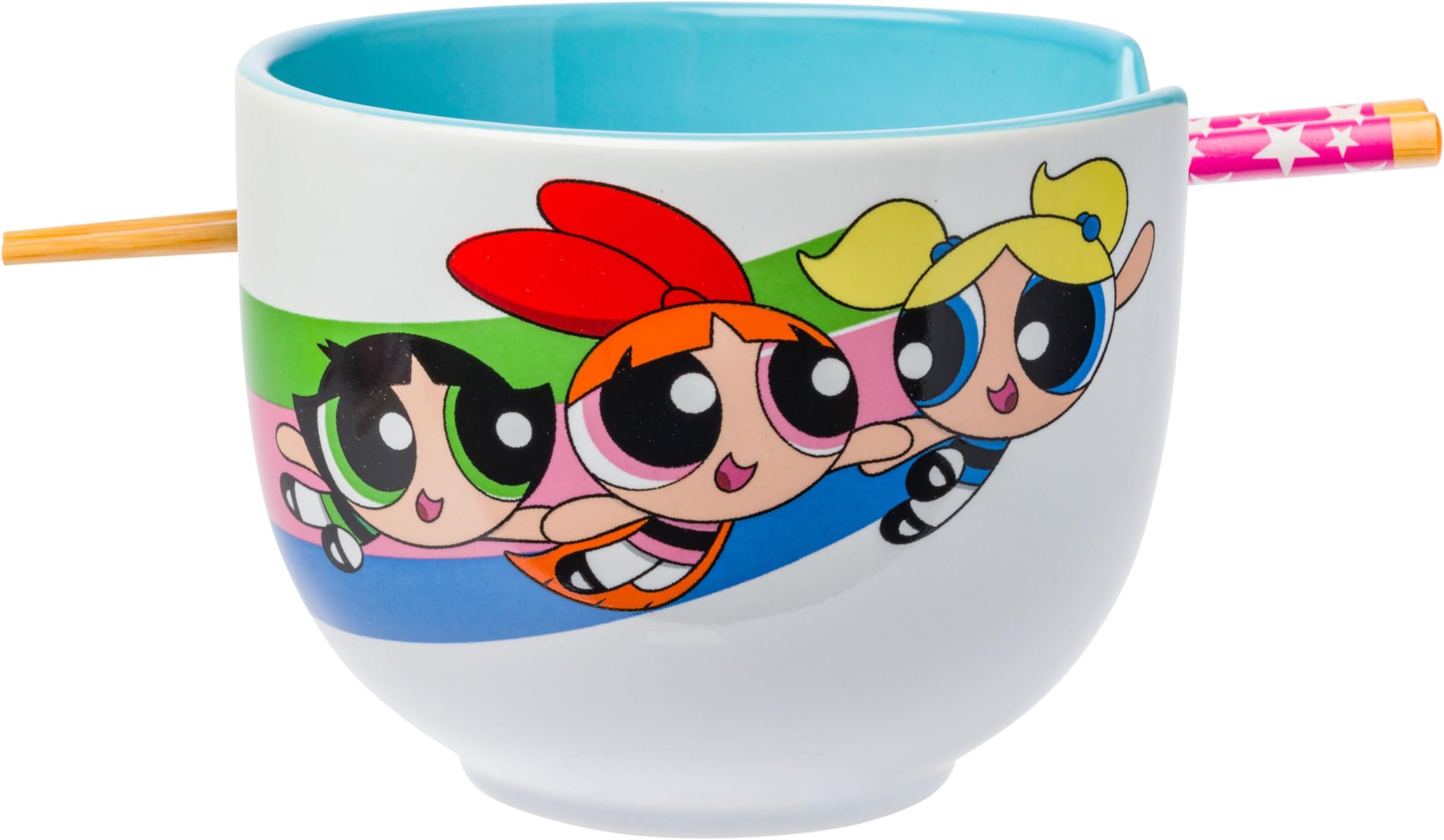 Silver Buffalo The Powerpuff Girls Girl Power Featuring Blossom, Bubbles, and Buttercup Ceramic Ramen Noodle Rice Bowl with Chopsticks, Microwave Safe, 20 Ounces