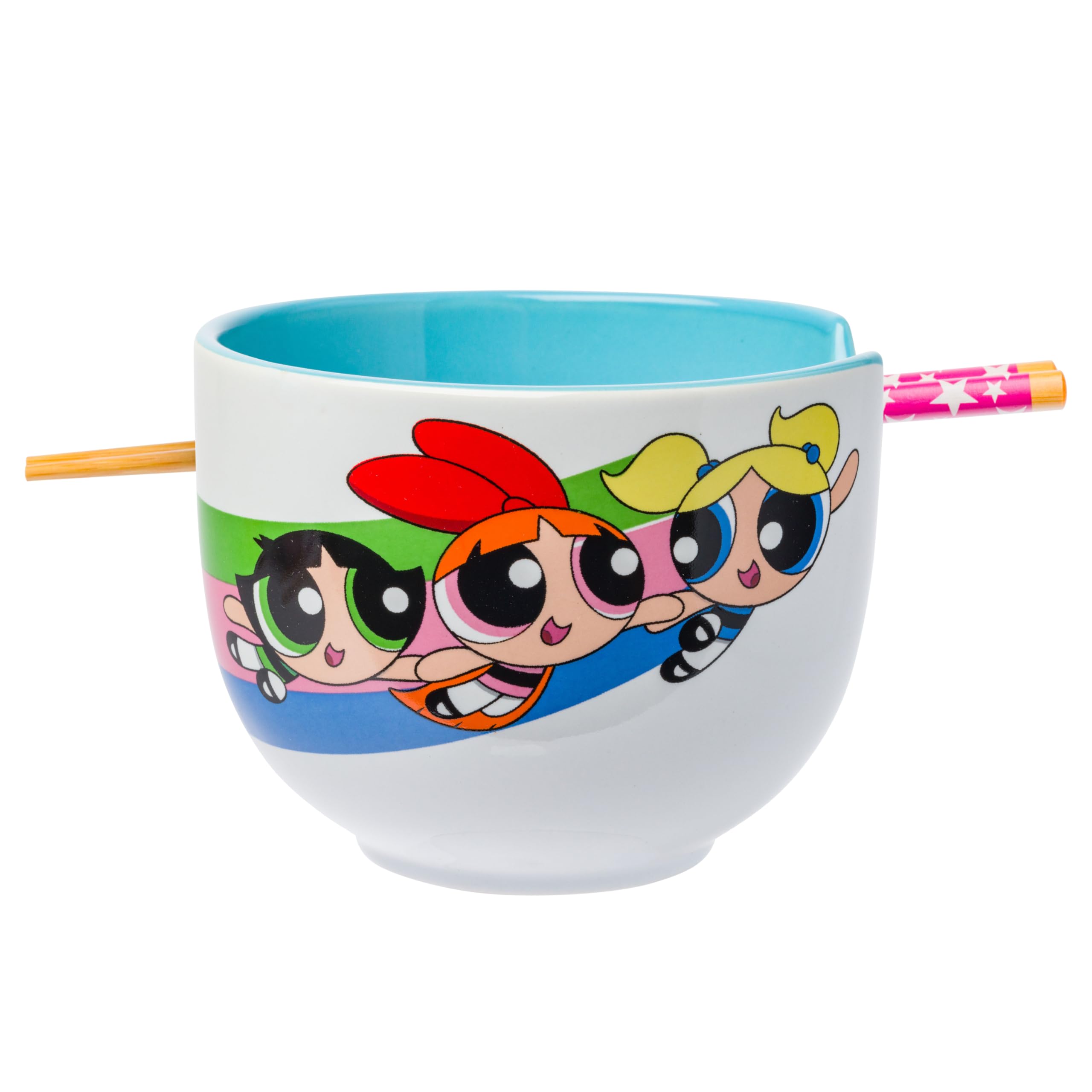 Silver Buffalo The Powerpuff Girls Girl Power Featuring Blossom, Bubbles, and Buttercup Ceramic Ramen Noodle Rice Bowl with Chopsticks, Microwave Safe, 20 Ounces