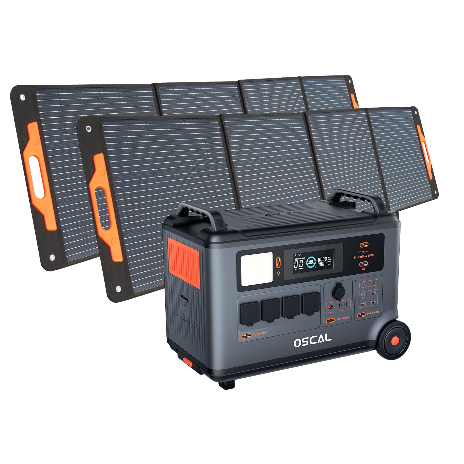 Station d'énergie portable OSCAL PM3600+2*PM200, Batterie de secours domestique LFP 3600Wh, Charge complète 1.2H,Générateur solaire pour le camping, le camping car, avec 2 panneaux solaires 200W