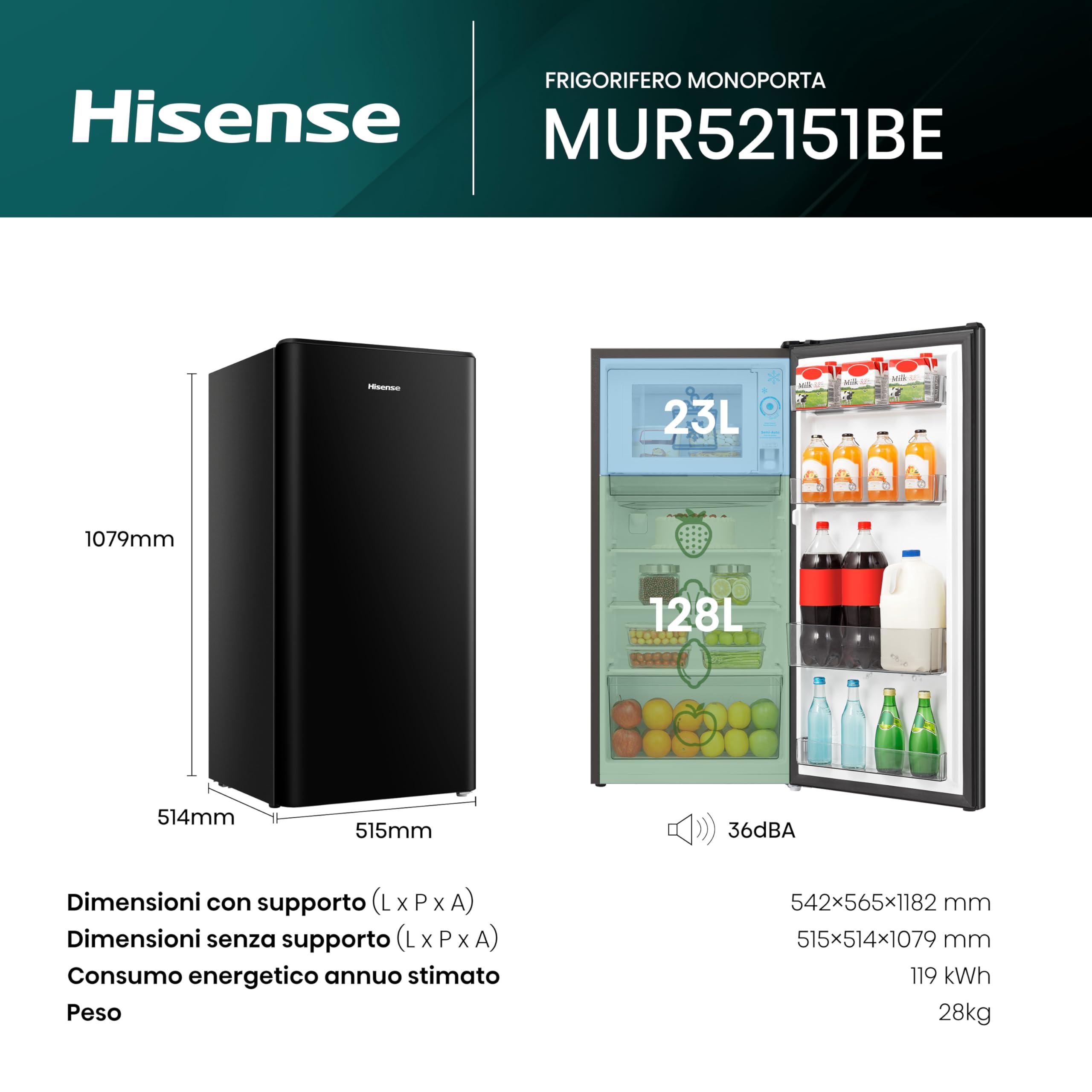 Hisense MUR52151BE Frigorifero Monoporta, 150 Litri, 40 Decibel, Senza installazione, Nero
