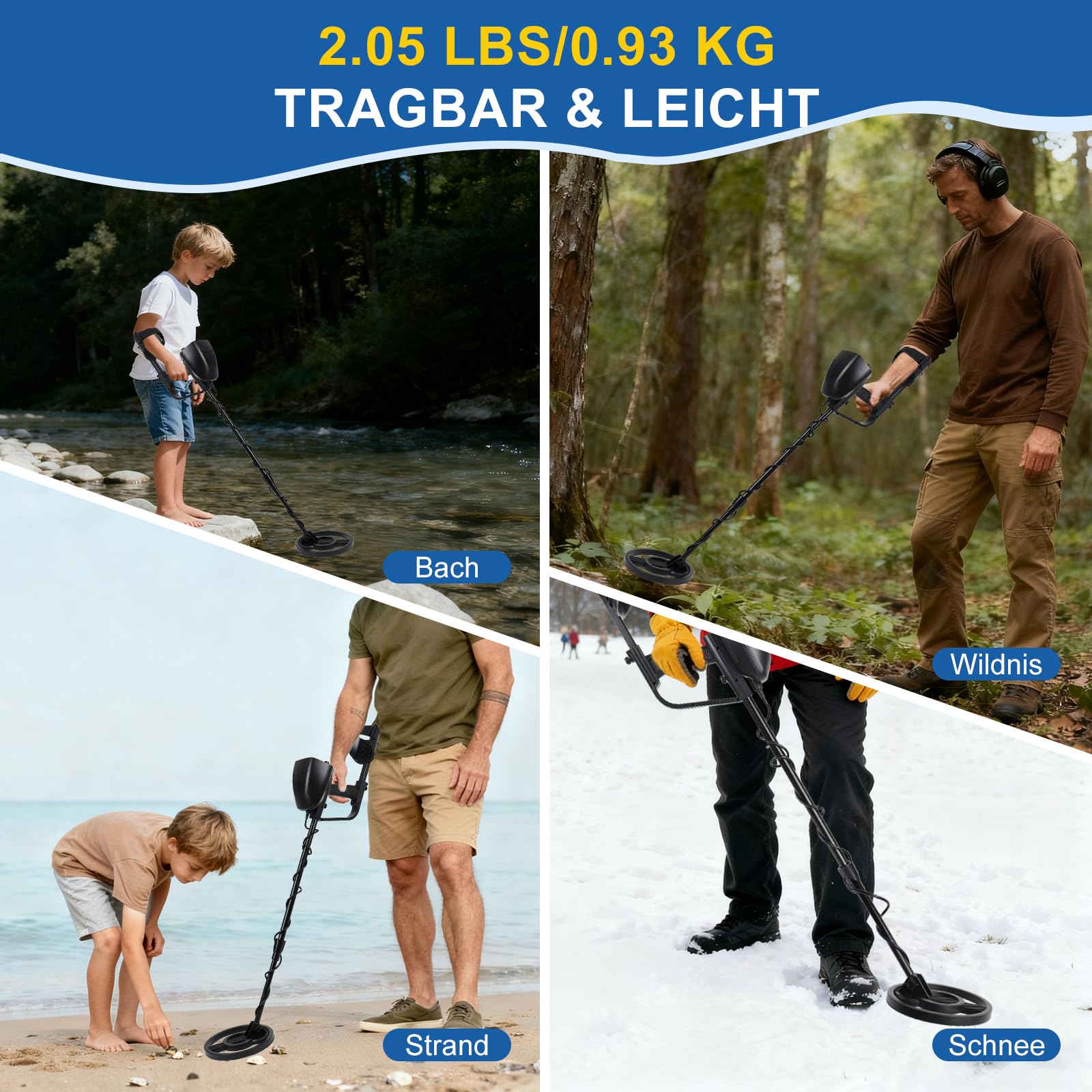 Metalldetektor, Metalldetektor Profi für Erwachsene Anfänger und Kinder - Leichter Hochpräziser Metalldetektoren mit Schaufel, Batterie & Wasserdichter Suchspule verstellbarem Länge (78–107 cm)