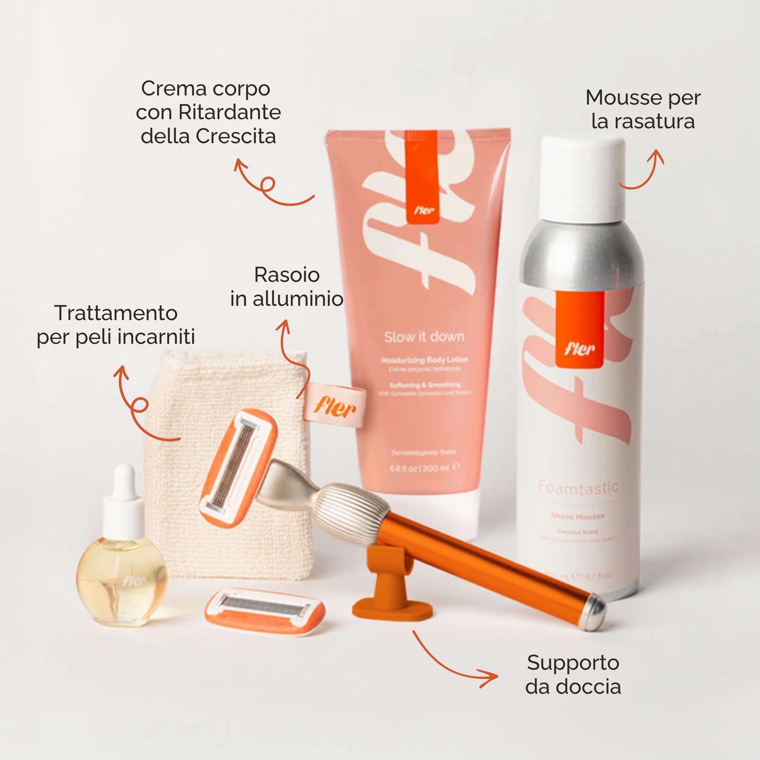 Fler Dream Team Set - Rasoio Donna, Supporto e 2 Lamette di Ricambio, Rasoi Unisex, Set con Mousse Depilazione, Olio Post Depilazione e Crema Corpo Lenitiva, Lametta con Aloe Vera (Arancio, 200ml)