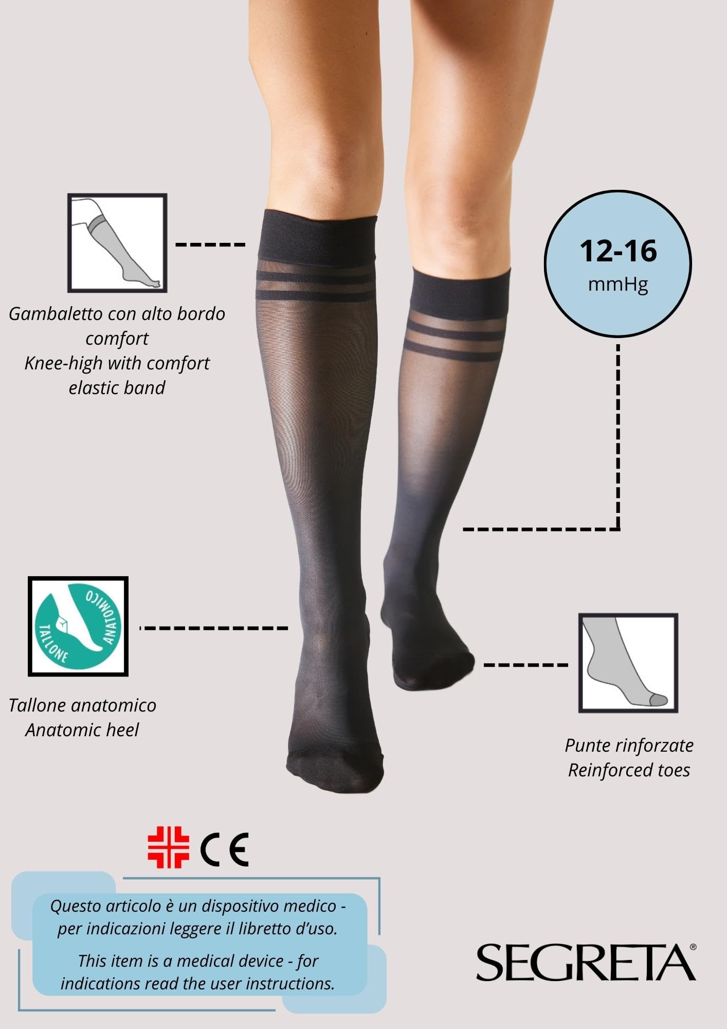 SEGRETA 00042 – Gambaletto con Compressione Graduata Donna 12-16 mmHg, Snellente Anticellulite, con Acido Ialuronico