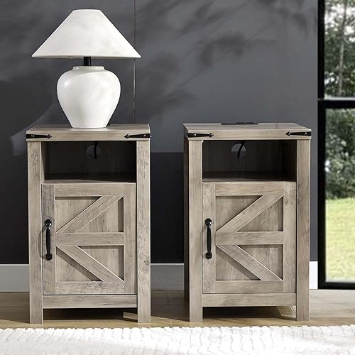 Miniatura 7 de Juego de 2 mesitas de noche de granja color gris, mesa auxiliar rústica con puerta de granero y estante, mesita de noche con estación de carga para