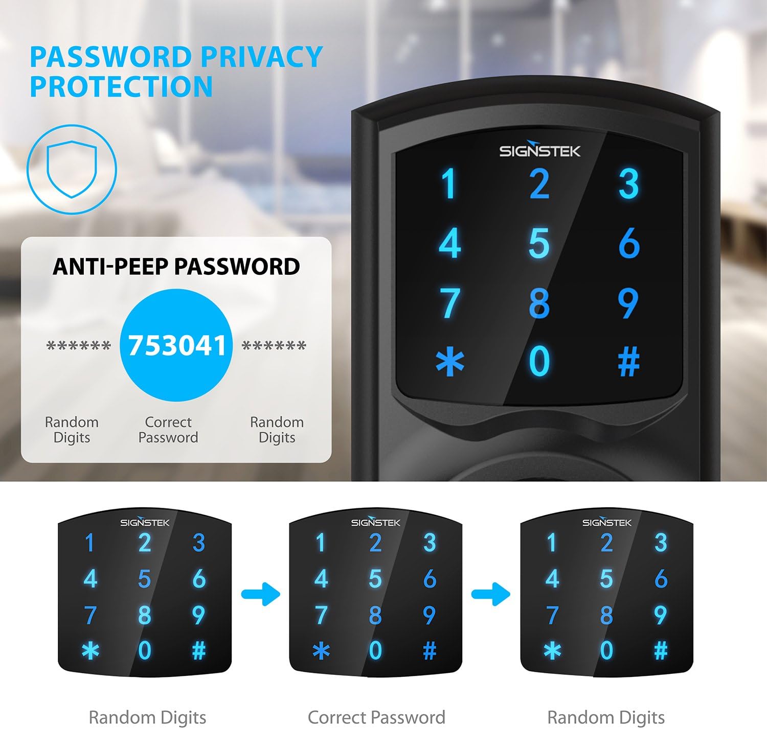 Signstek Digital Electronic Touchscreen Keypad Security Entry Door Lock Interchangeable for Left and Right Door Handle with Hidden Mechanical Key (Black)