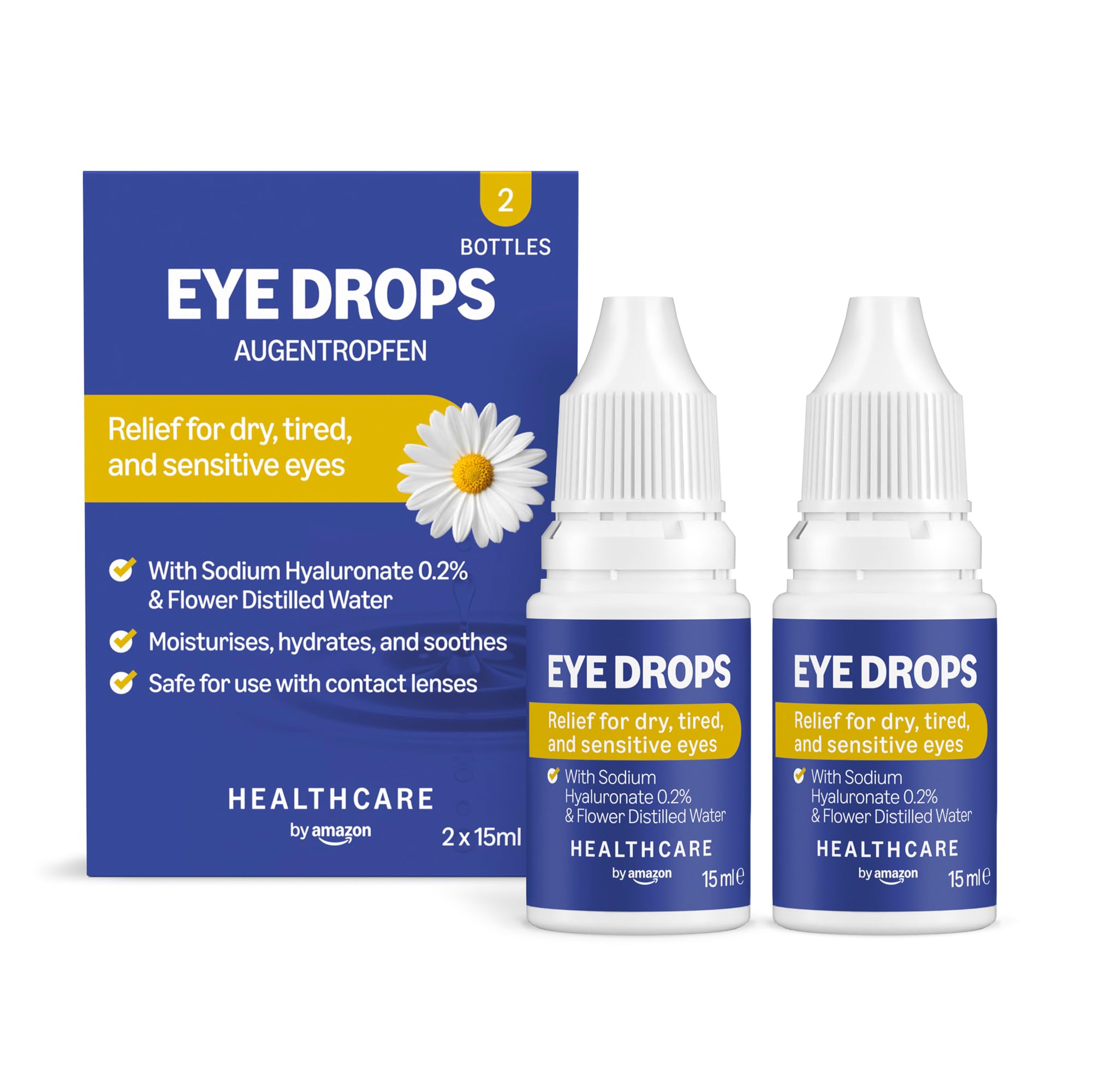 Amazon Basic Care Eye Drops with Sodium Hyaluronate 0.2% and Flower Distilled Water, 15 ml, Pack of 2