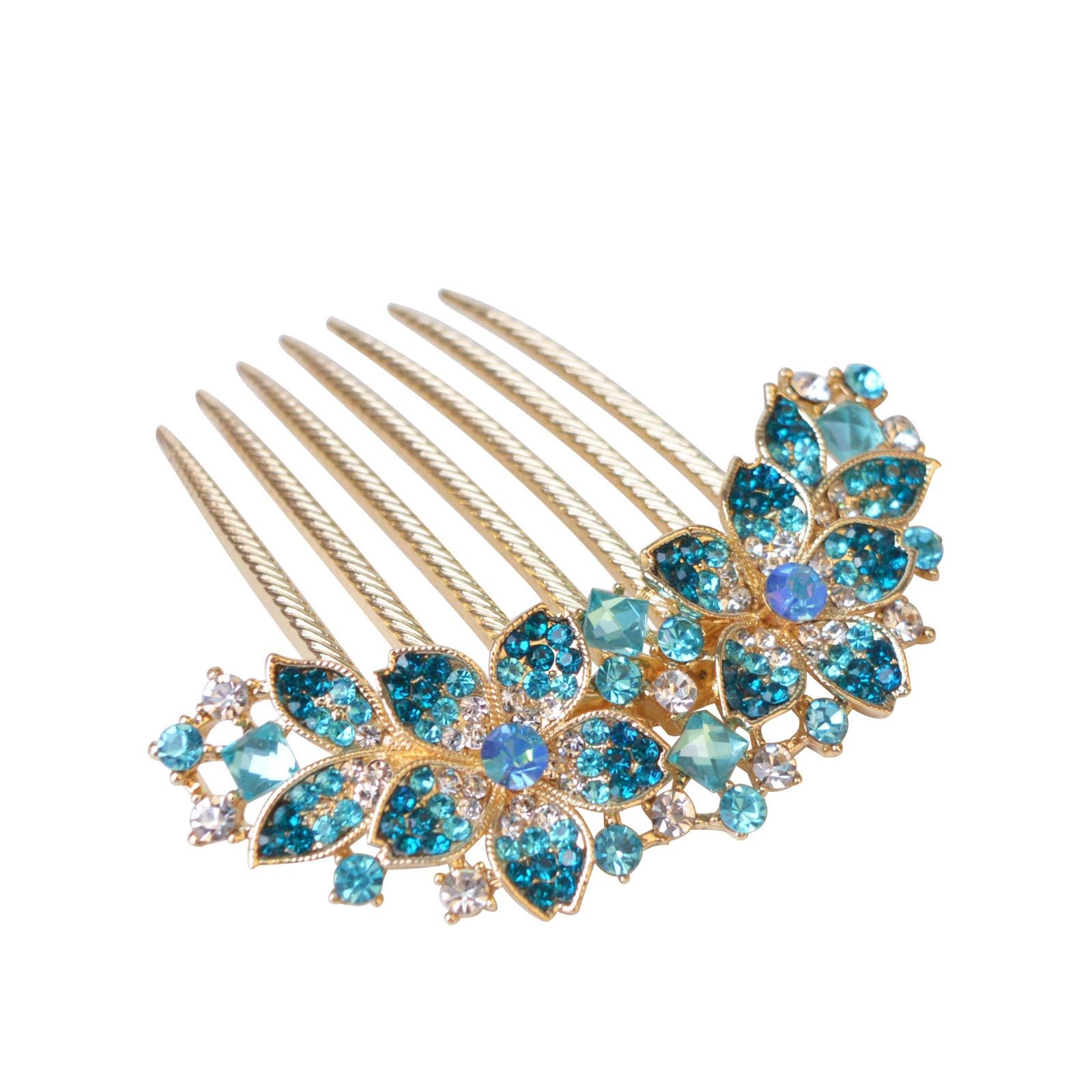 Pettine per capelli da donna con fiori intarsiati e strass, accessorio per capelli da sposa, pettine laterale per ragazze, idea regalo (blu)