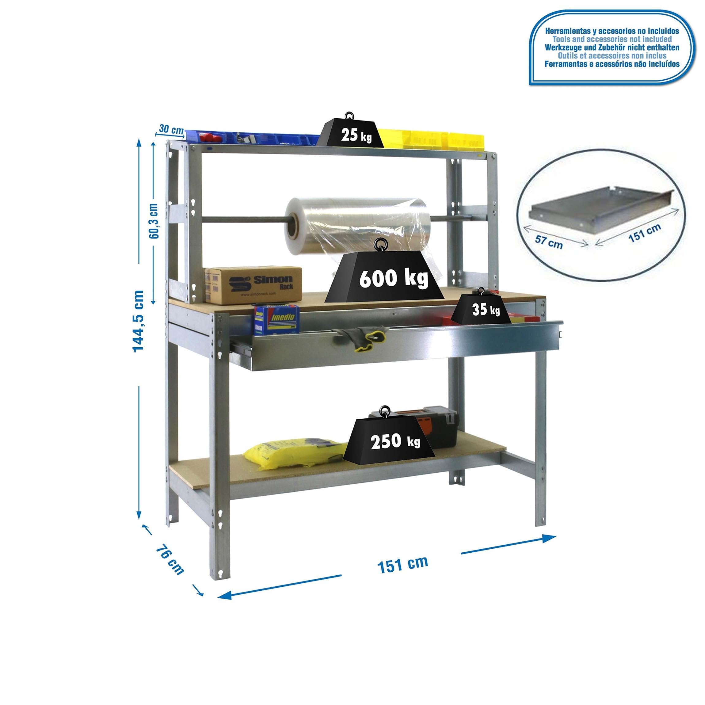 Simon Rack Banco de Trabajo con Porta Rollo y cajón 1510x760 mm - BT4 | Tablero madera 16 mm, Capacidad Carga 600 kg, Galva , Pintura anticorrosión, Montaje sistema clic