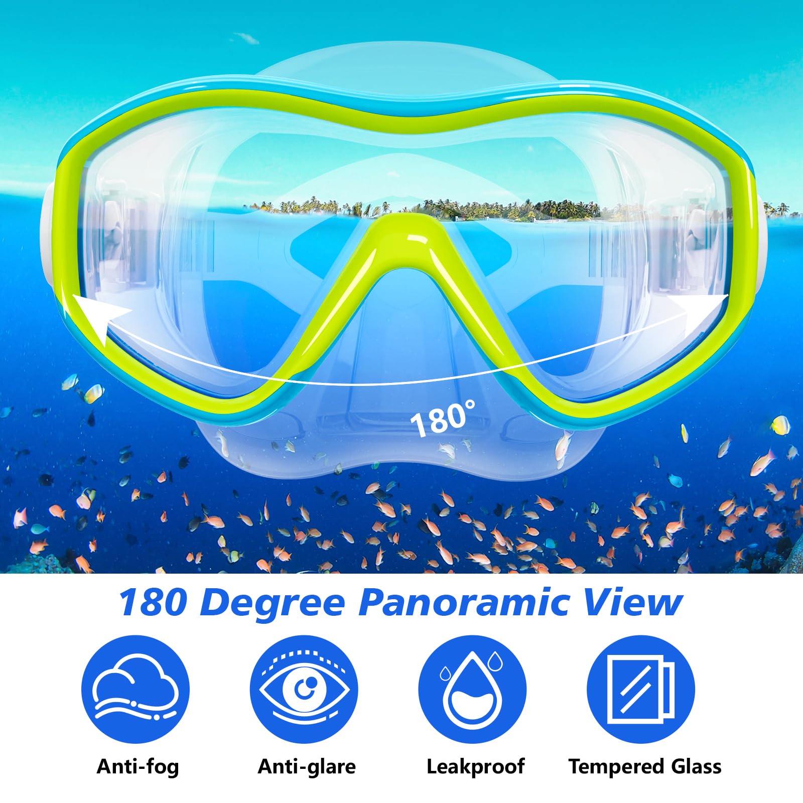 Kids Mask Fins Snorkel Set for Age 5-15,Dry Top Snorkeling Gear for Kids Boys Girls Junior & Youth, Tempered Glass Snorkel Mask with Fins for Swimming Snorkeling (Blue, S/M(1-4))