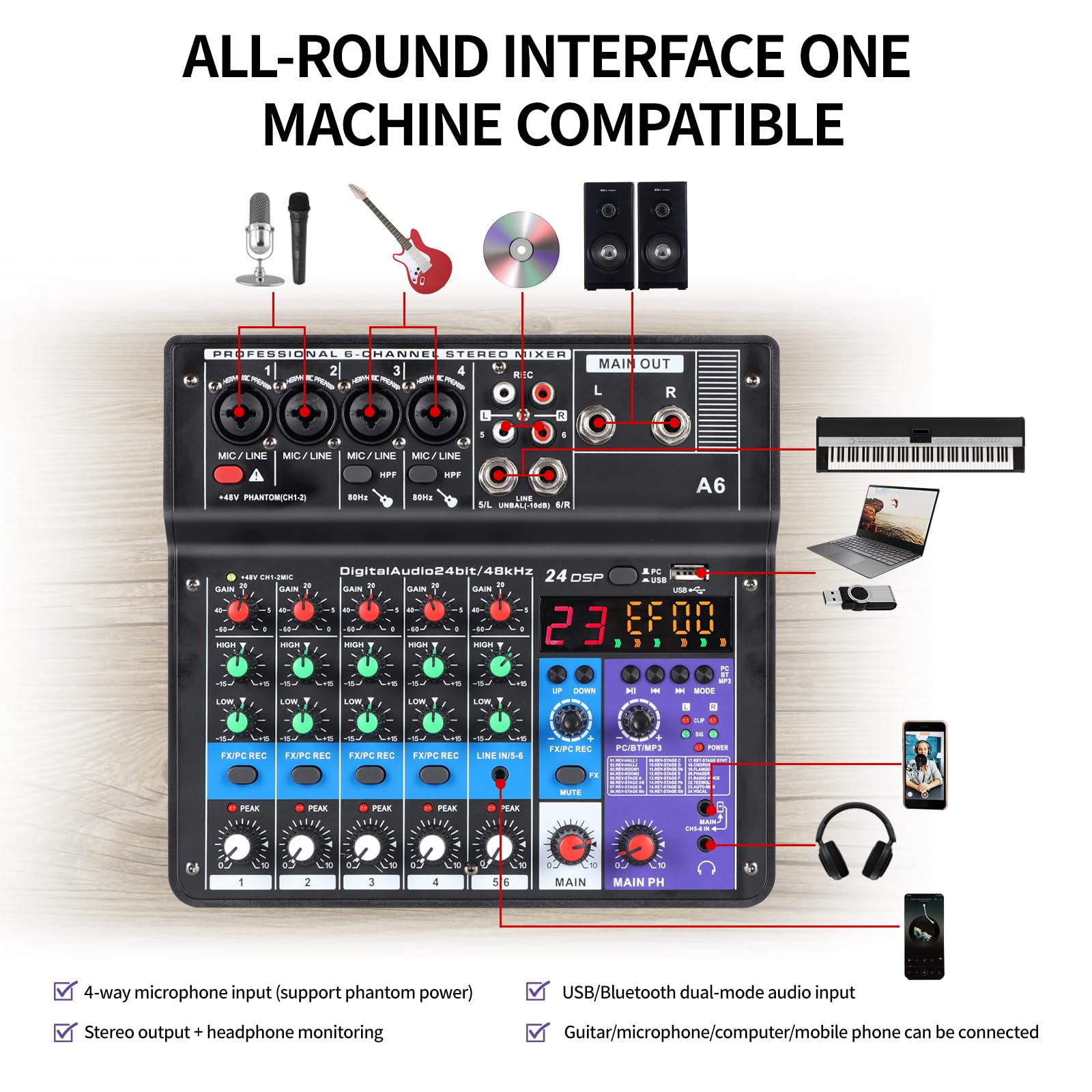 XTUGA A6 Table de Mixage Mixeur Audio 6 Canaux, Console de Mixage USB Avec Bluetooth et Alimentation Fantôme 48V, Fonction de Bouclage, Adapté Aux Spectacles, Réunions et Diffusions en Direct