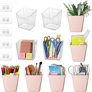 Adhesive Wall Storage Bins 10 Pack, 4 Medium Clear & 6 Pink Pen Holders, Hanging Wall Mount Pockets, Plastic Cups for Shower Bathroom Makeup Office Craft Remote Kitchen Sink RV Organization
