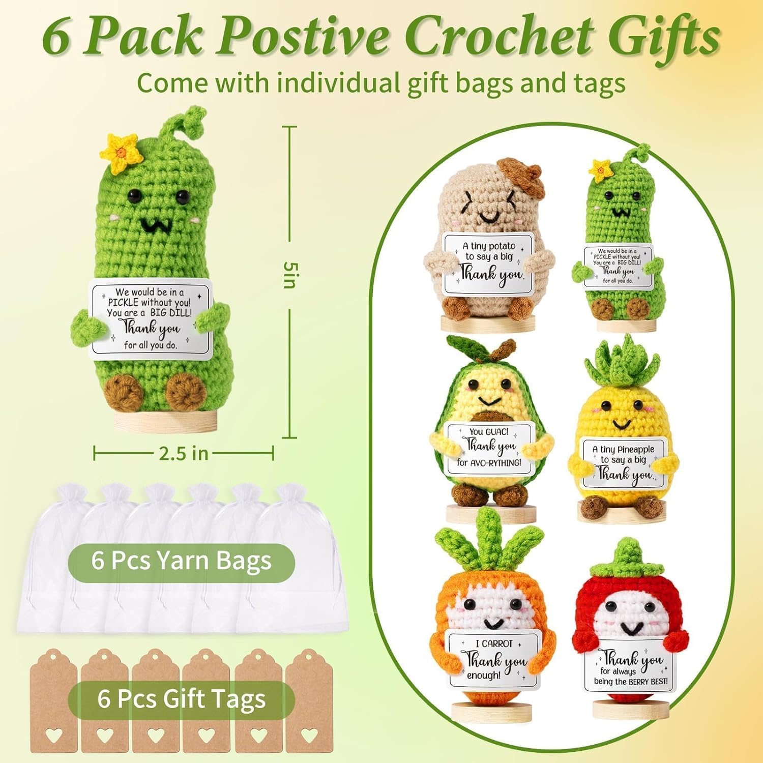 6PCS Positive Crochet Vegetables & Fruits Thank You Gifts for Women, Employee Appreciation Gifts Emotional Support Crochet Buddies Administrative Professional Day Gift Easter Basket for Women Coworker