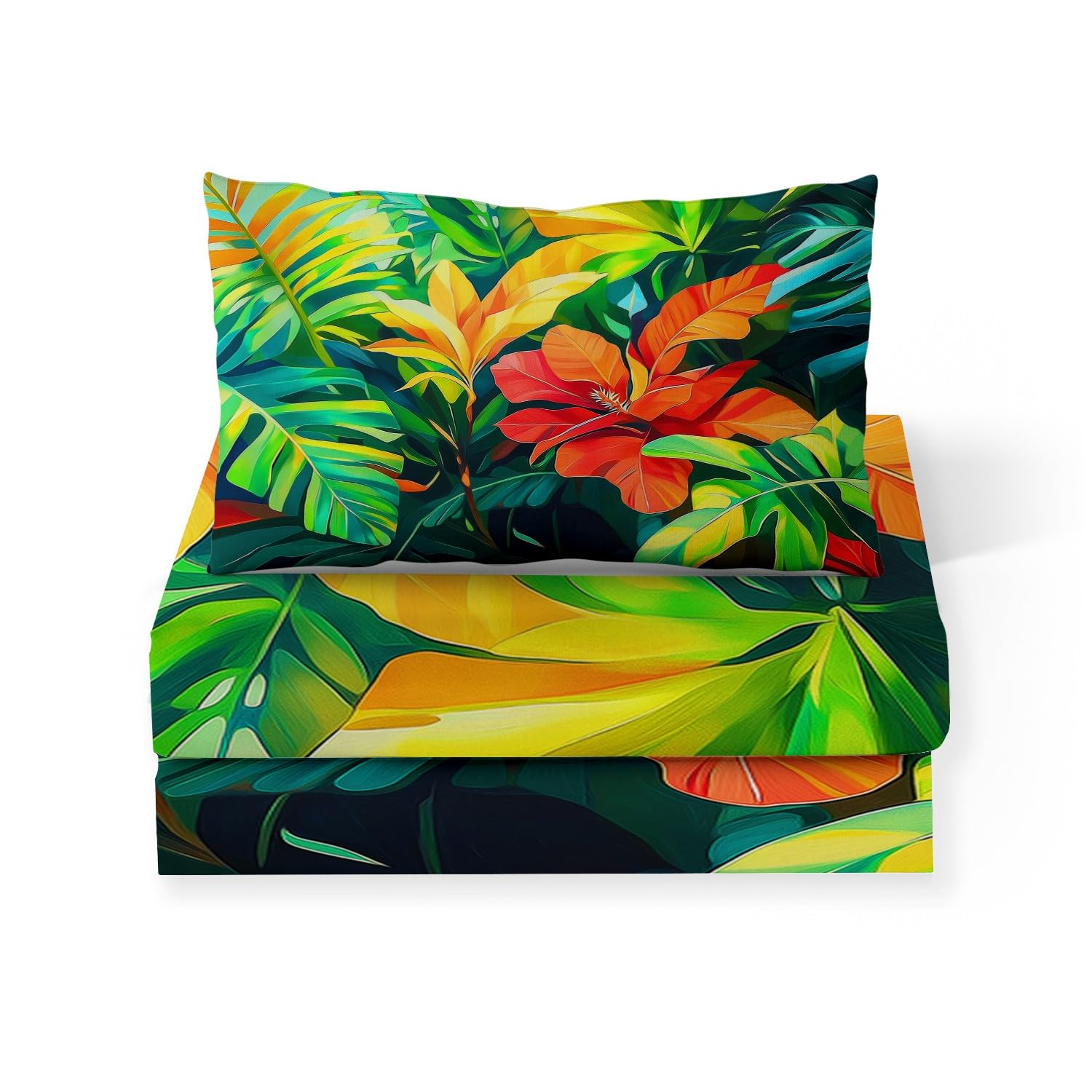 Drap Housse 160 x 200 cm avec Bonnet 30 cm, Plantes Tropicales Fleurs Feuilles Drap Housse Enfant, Drap Housse Matelas Epais Vert Sauge, Microfibre Brossée avec Une Rebord Élastique