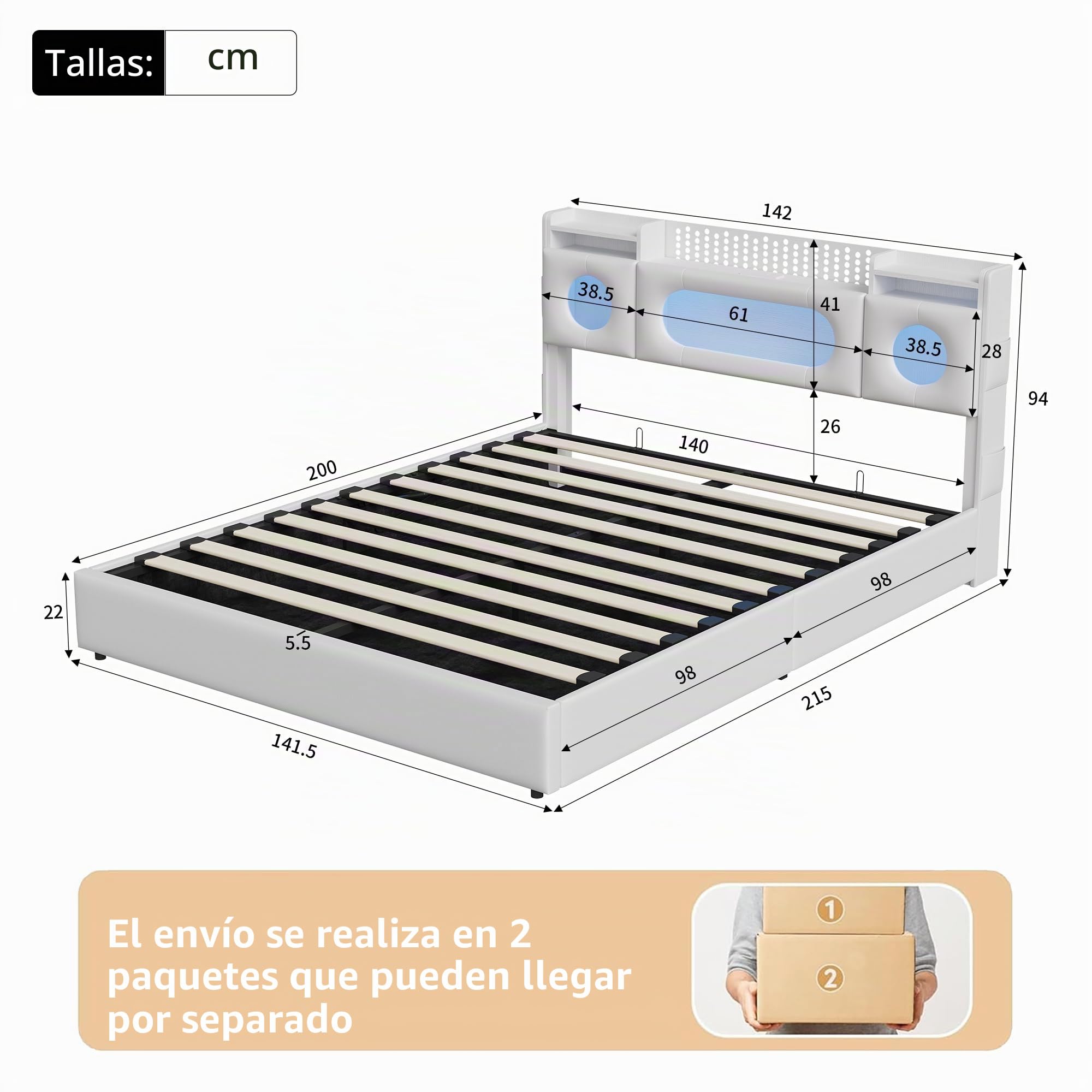 KeepGoon Cama de Matrimonio de 140 x 200 cm, de Poliuretano, con cabecero abatible, Tira de luz LED e interfaces USB y Type-C con somier de láminas y función de Almacenamiento
