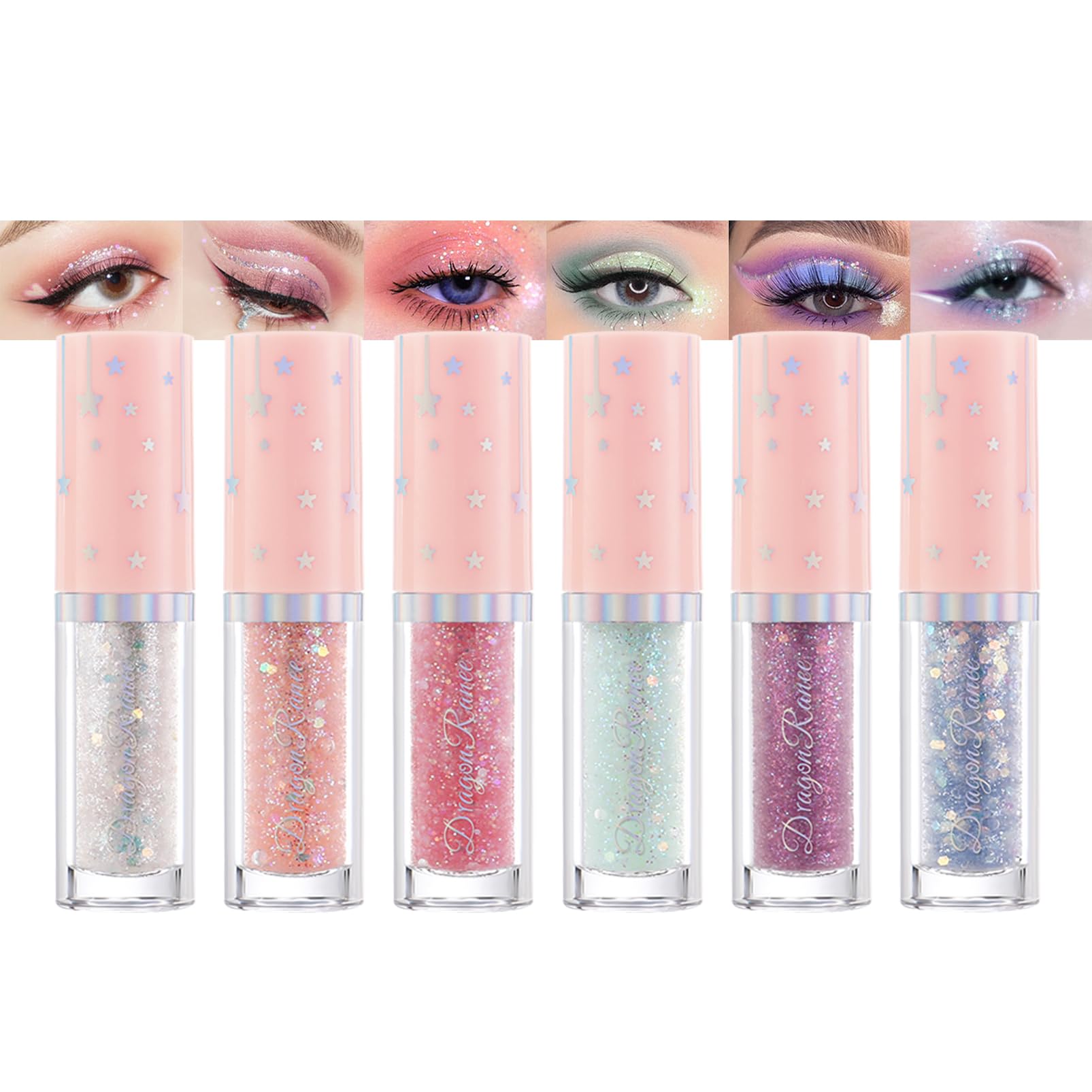 Juego de sombras de ojos líquidas con purpurina, 6 colores llamativos, sombra de ojos líquida con lentejuelas, secado rápido y suave, resistente al agua y duradero, set de maquillaje para mujeres
