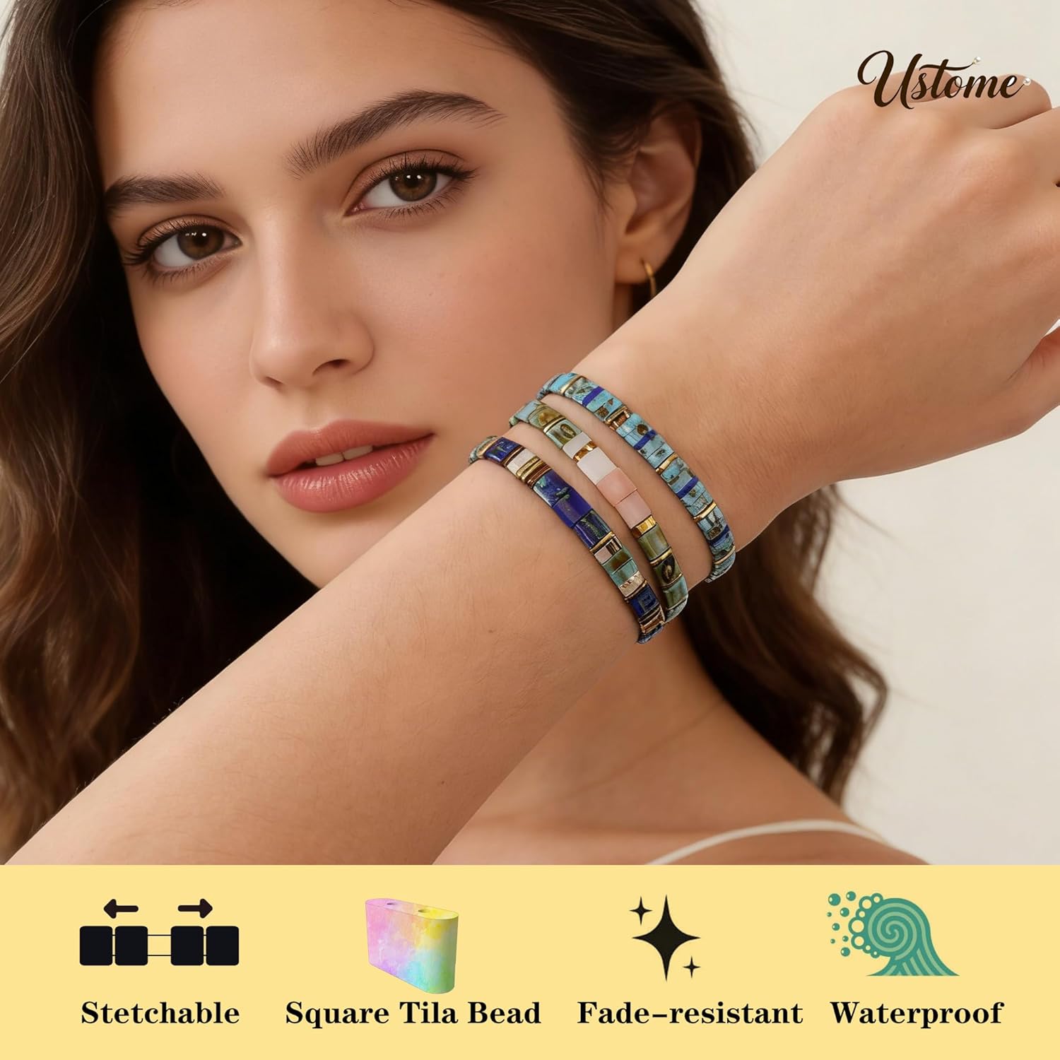 3Pcs Stack Tila Flat Square Beaded Bracelets Set for Women Men, Boho Romantic Handmade Healing Gold Colorful Stretch Accessories Jewelry, Daily Vacation Party Holiday Friendship Gift - Image 3