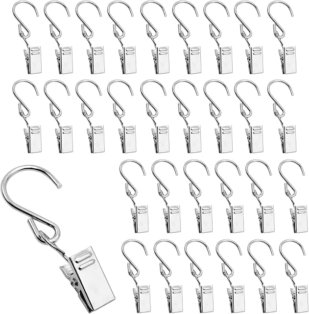 Suaywo 30 Pcs 60x20MM Clip Hook Curtain Clips Curtain Hooks with Clips Hanging Clips Hook Small Metal Curtain Hooks for Home Decoration, Photos, Art Craft Display, Silver