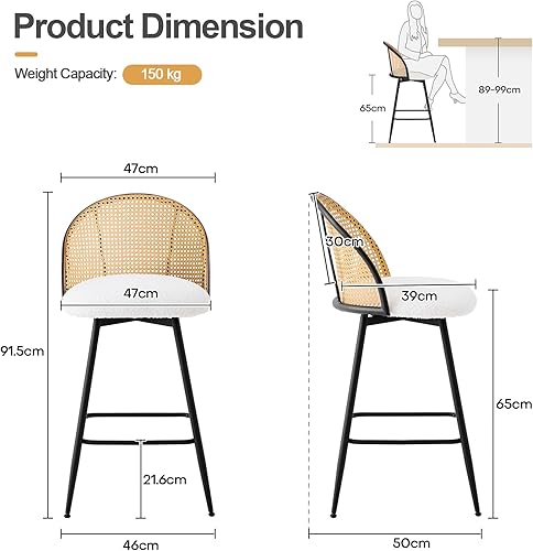 Miniatura 2 de Juego de 2 taburetes de bar de ratán tapizados giratorios con respaldo de caña y patas de metal, silla de bar de altura de asiento de 26 pulgadas de