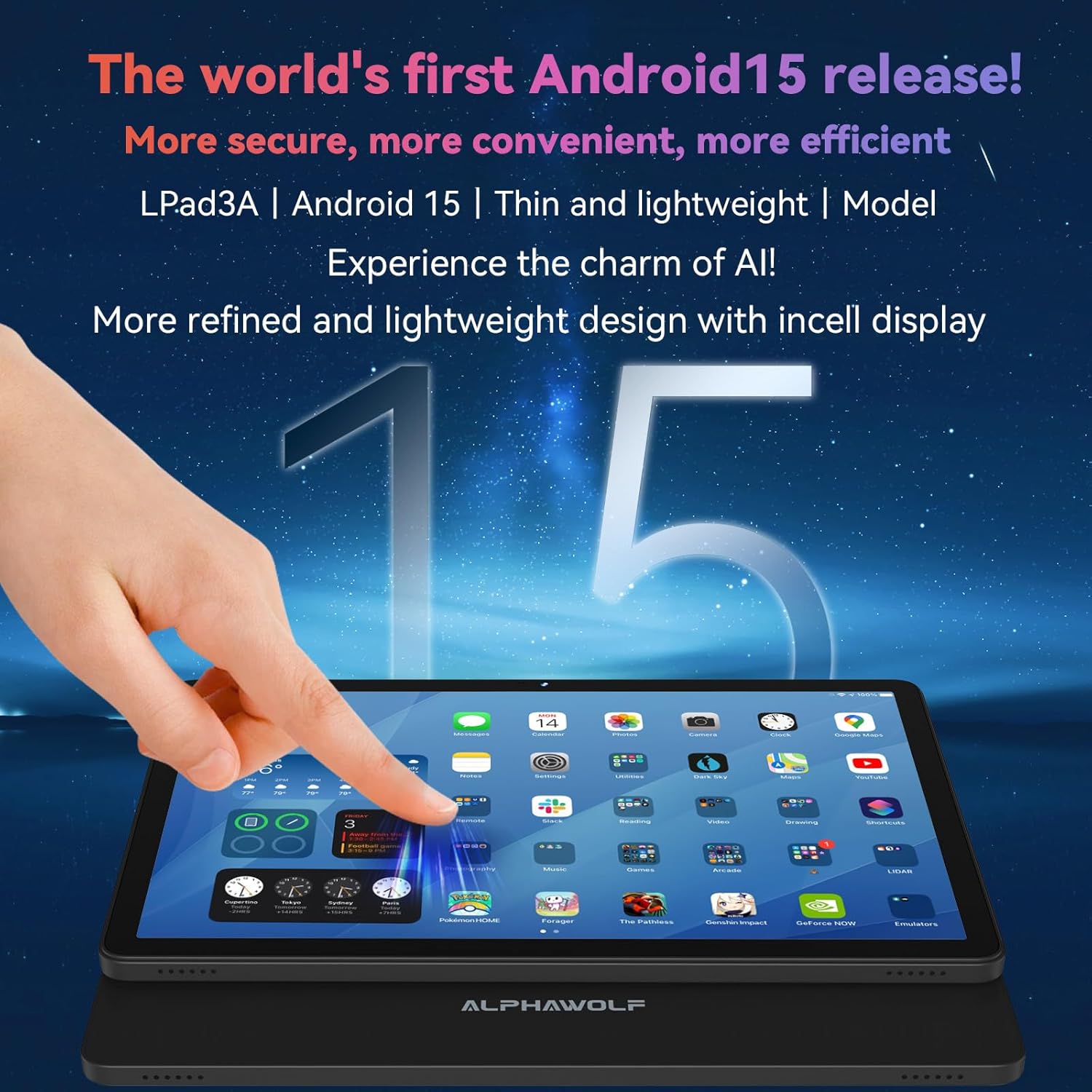 Alphawolf Lpad3A tablet displaying Android 15 home screen