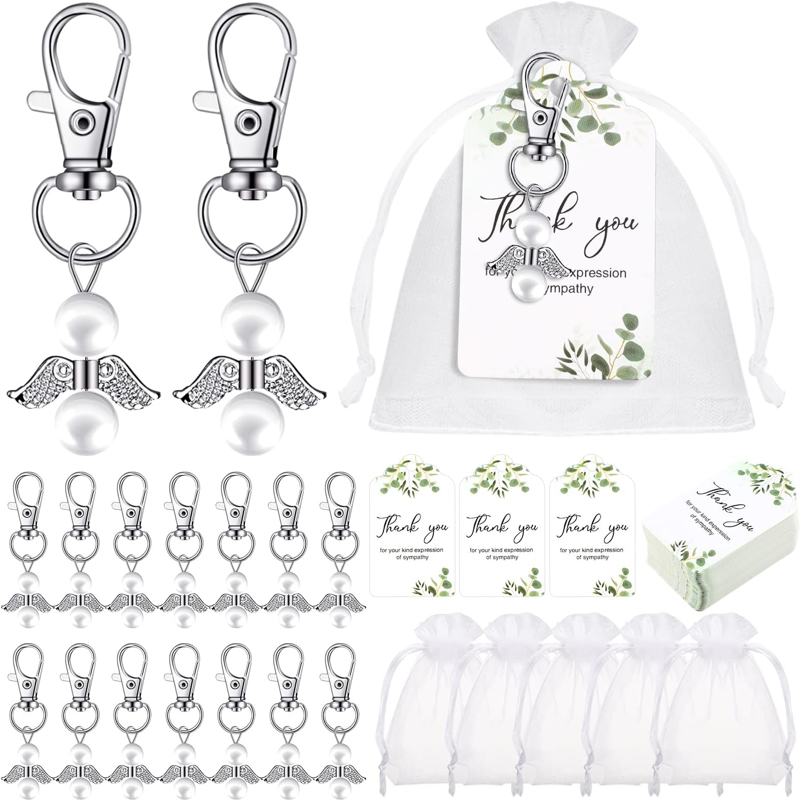 Hicarer Angel Keychain Funeral Favors Set, Memorial Angel Keychains White Organza Bags Sympathy Thank You Tags for Funeral Family Friends Loved Ones (180 Pieces)