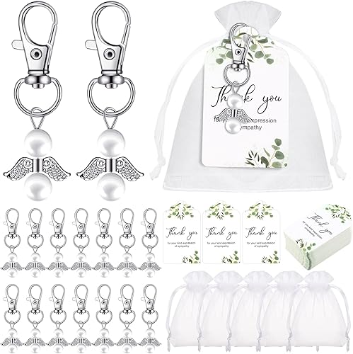 Hicarer Juego de llaveros de ángel, llaveros de ángel conmemorativo, bolsas de organza blanca, etiquetas de agradecimiento para funerarios,
