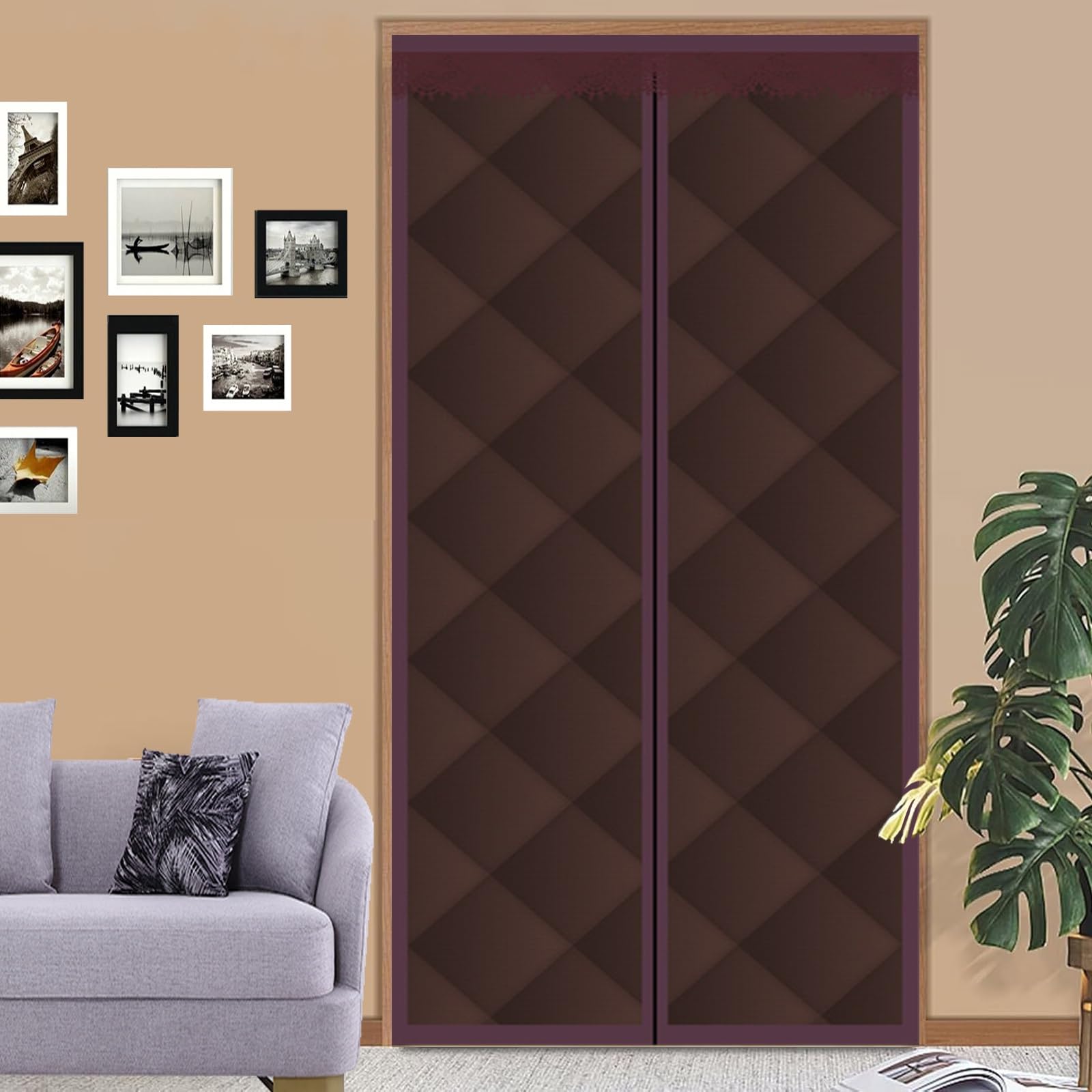 Rideau de porte magnétique thermique 190x190cm marron occultant et isolant phonique sans perçage