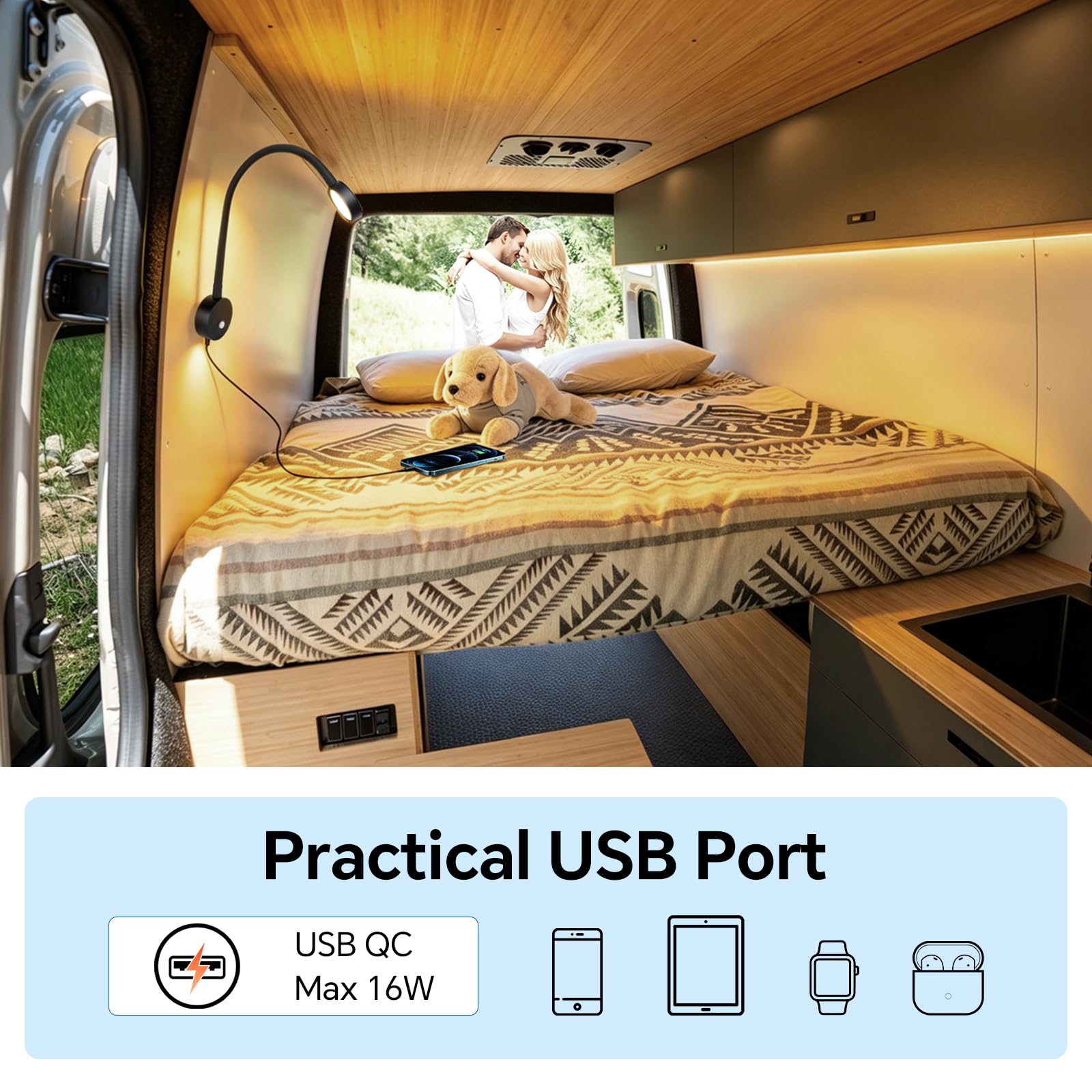 Lampade da Lettura LED 12V Camper Barca con Caricatore USB& Luce Notturna Rossa 254lm Spot da Parete da Comodino, Per Caravan Furgone Van, Dimmerabile 24VDC Flessibile a Collo di Cigno