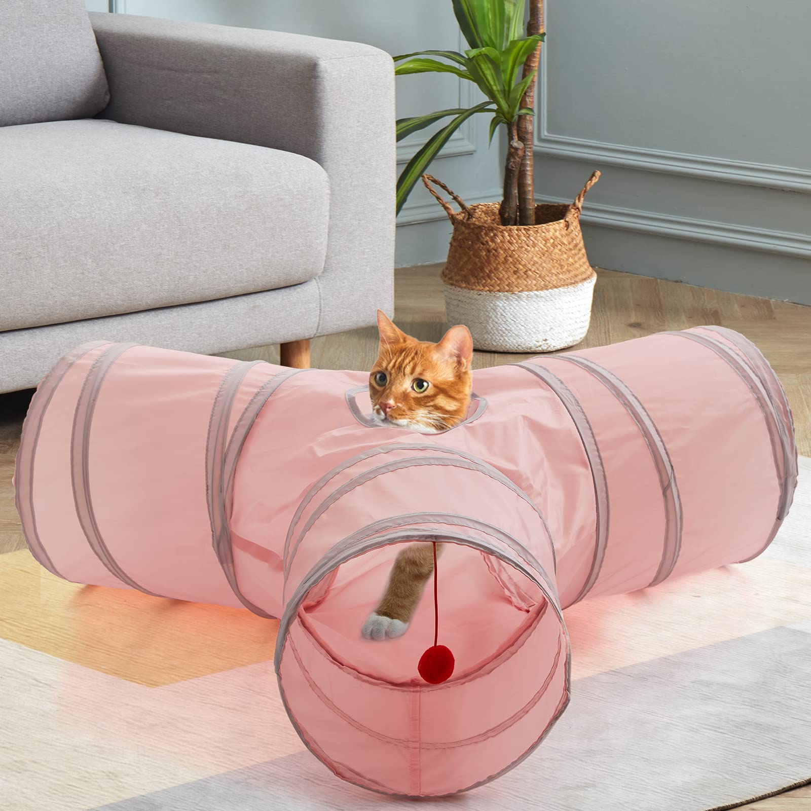 Cat Tunnels for Indoor Cats 2/3 Way Play Toy Kitty Tunnel Peek Hole Toy with Ball for Cat Tube Fun for Rabbits Kittens and Dogs - 3Way Pink