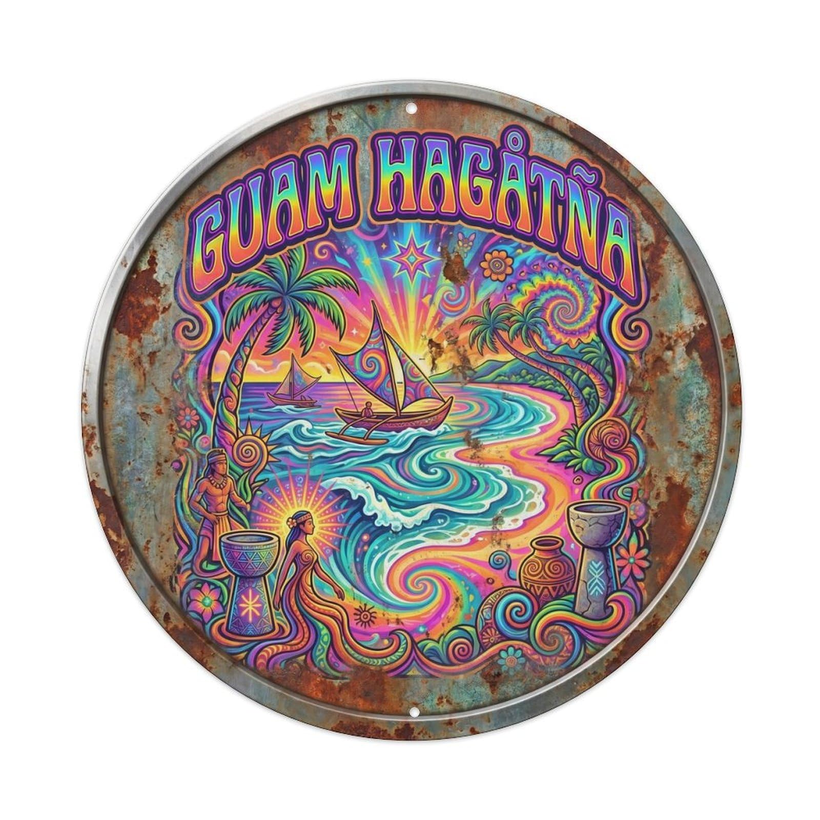 Guam Hagatna Pacific Lagoon Psychedelic Travel Metal Tin Sign