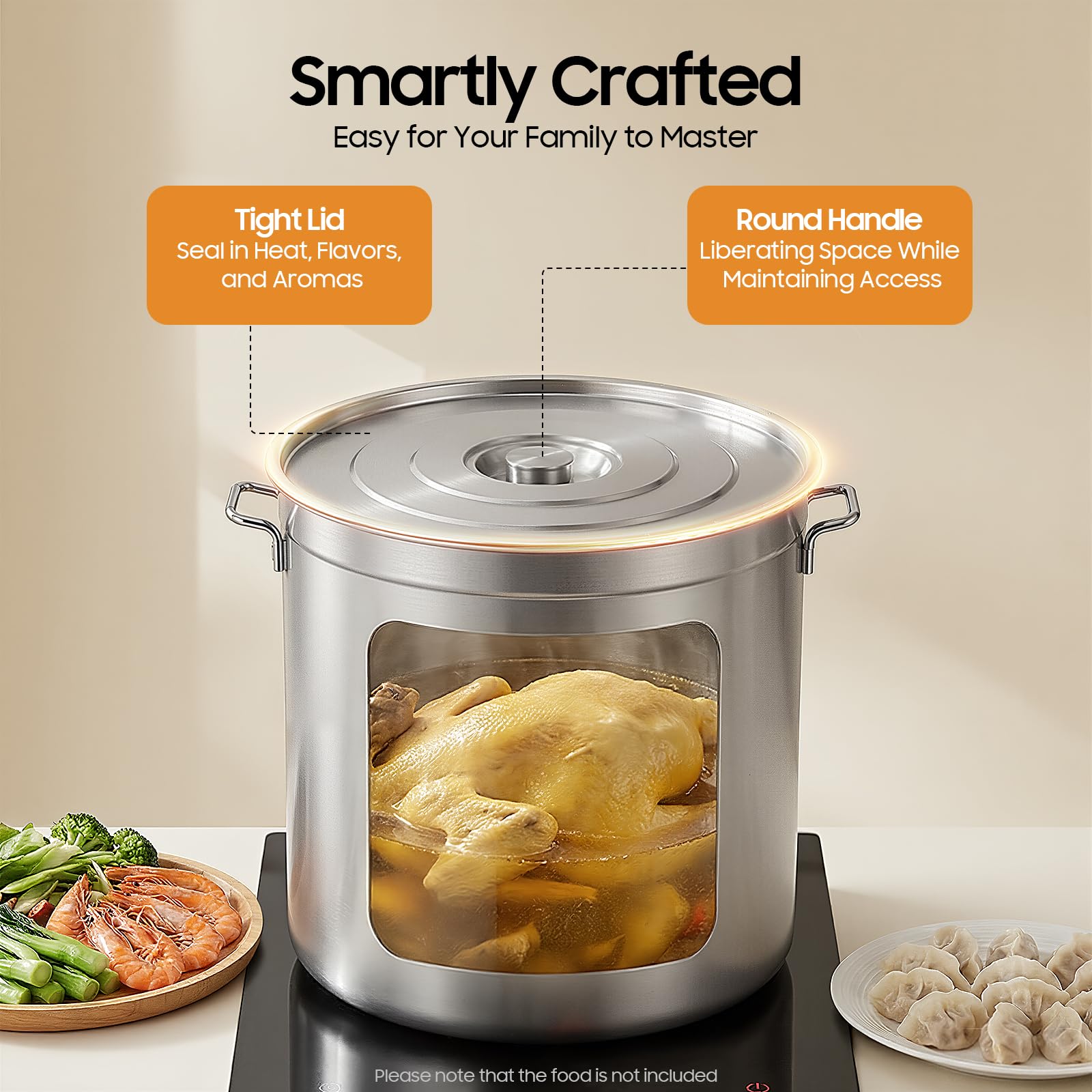 Olla para sopa de 50 litros con tapa e inserto de acero inoxidable, asas retráctiles, olla grande con inserto de vapor y tapa de cristal para cocinar, al vapor, almacenamiento para familia, fiestas